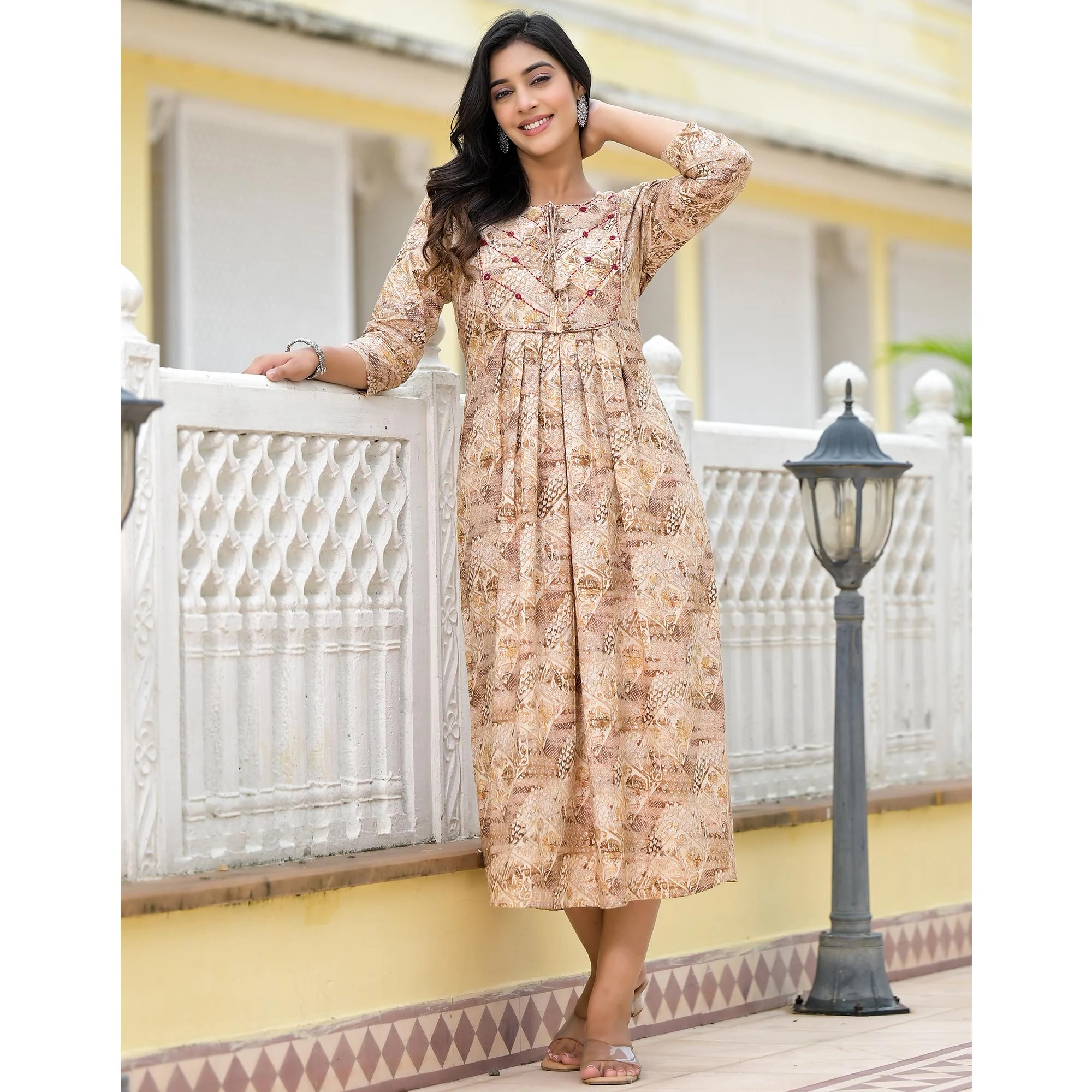 Mustard Floral Printed Pure Cotton A-Line Dress - Image 4