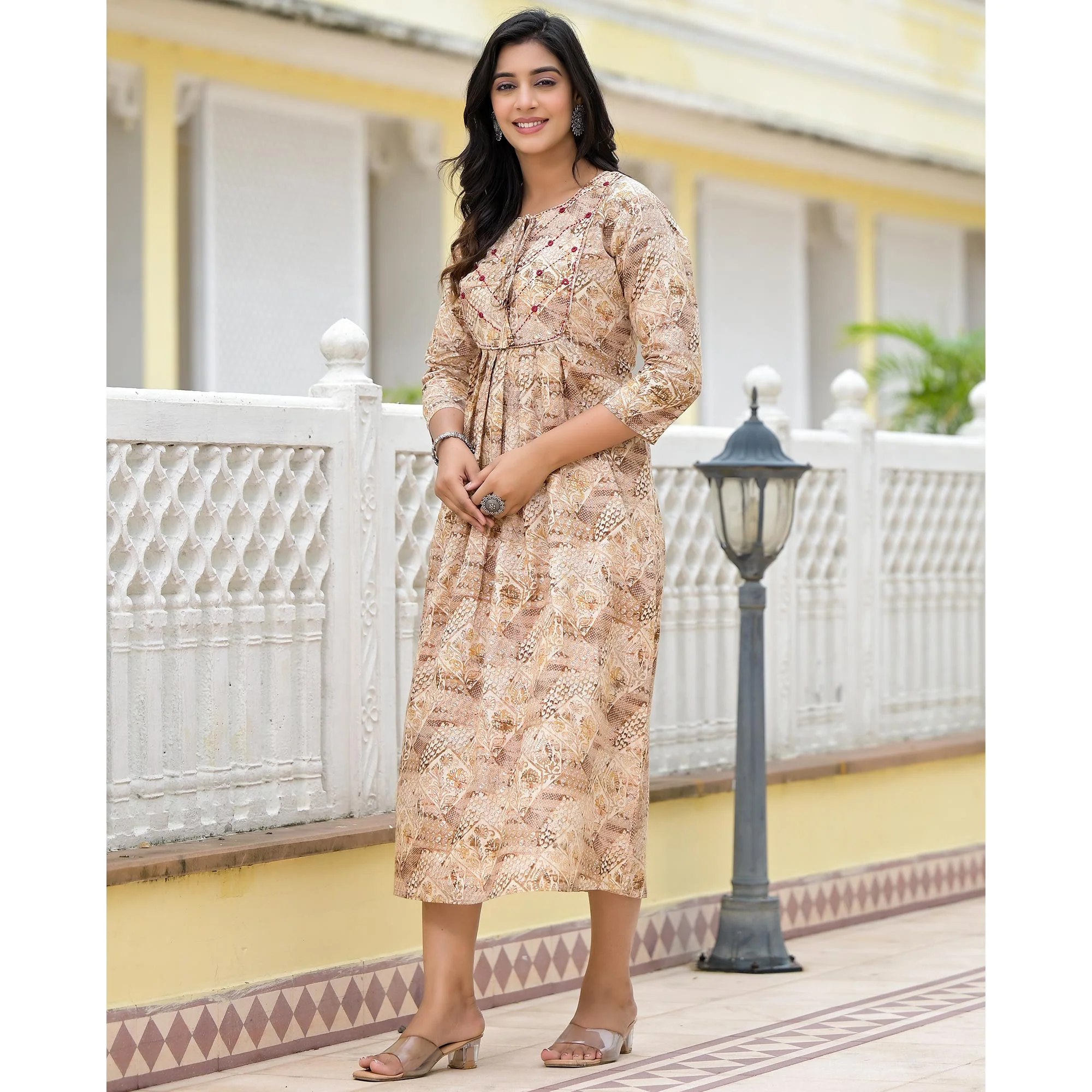 Mustard Floral Printed Pure Cotton A-Line Dress - Image 5
