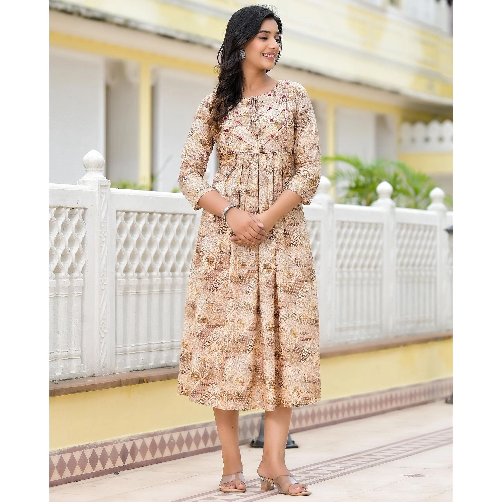 Mustard Floral Printed Pure Cotton A-Line Dress - Image 6