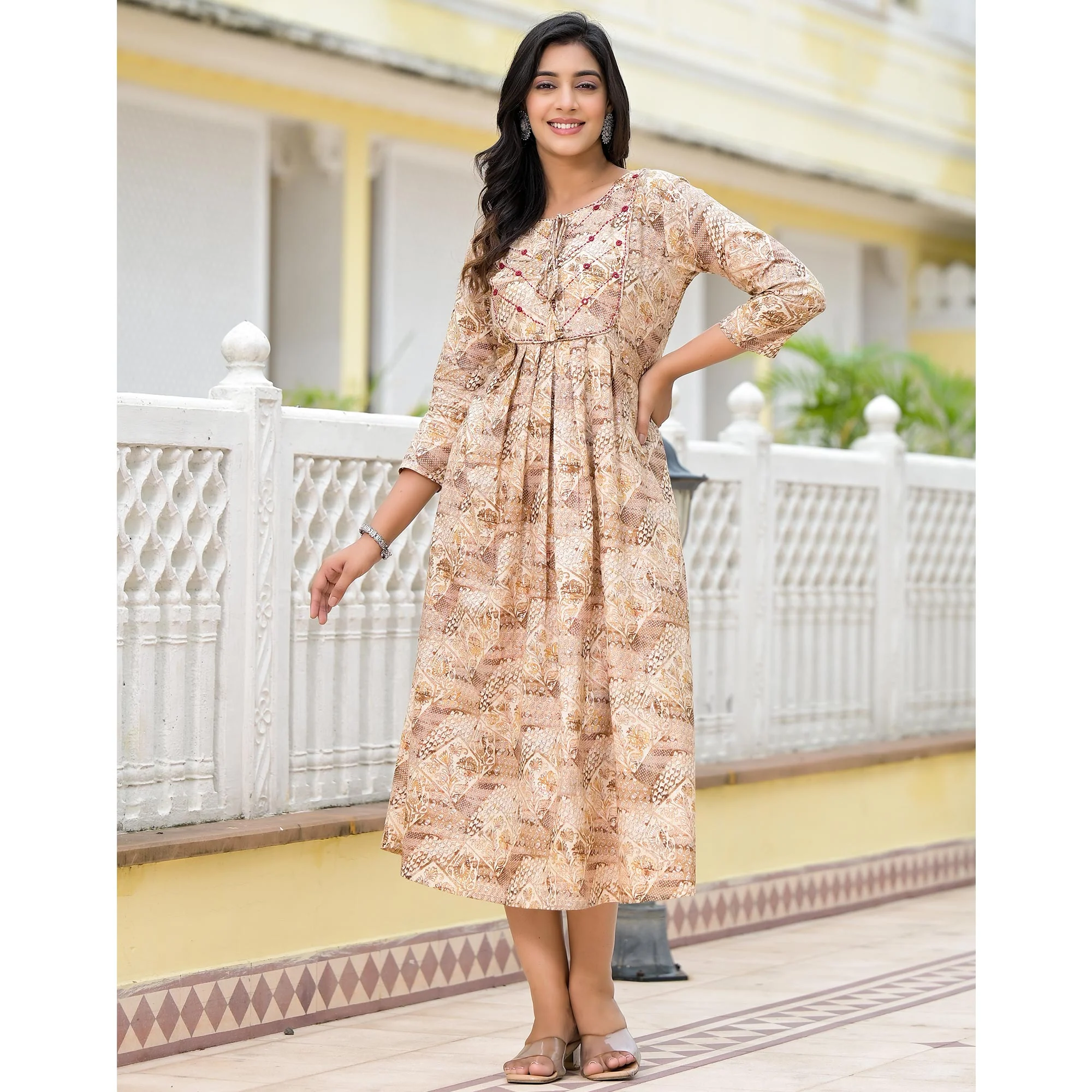 Mustard Floral Printed Pure Cotton A-Line Dress - Image 7