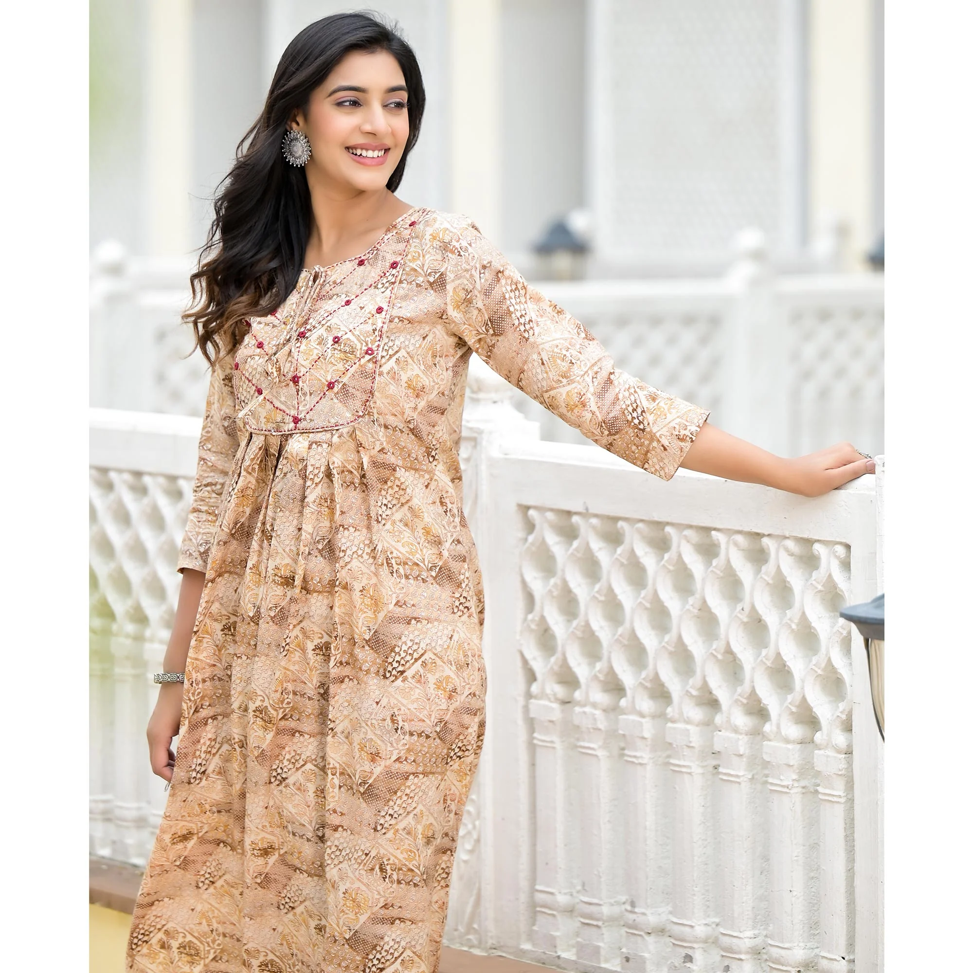 Mustard Floral Printed Pure Cotton A-Line Dress - Image 9