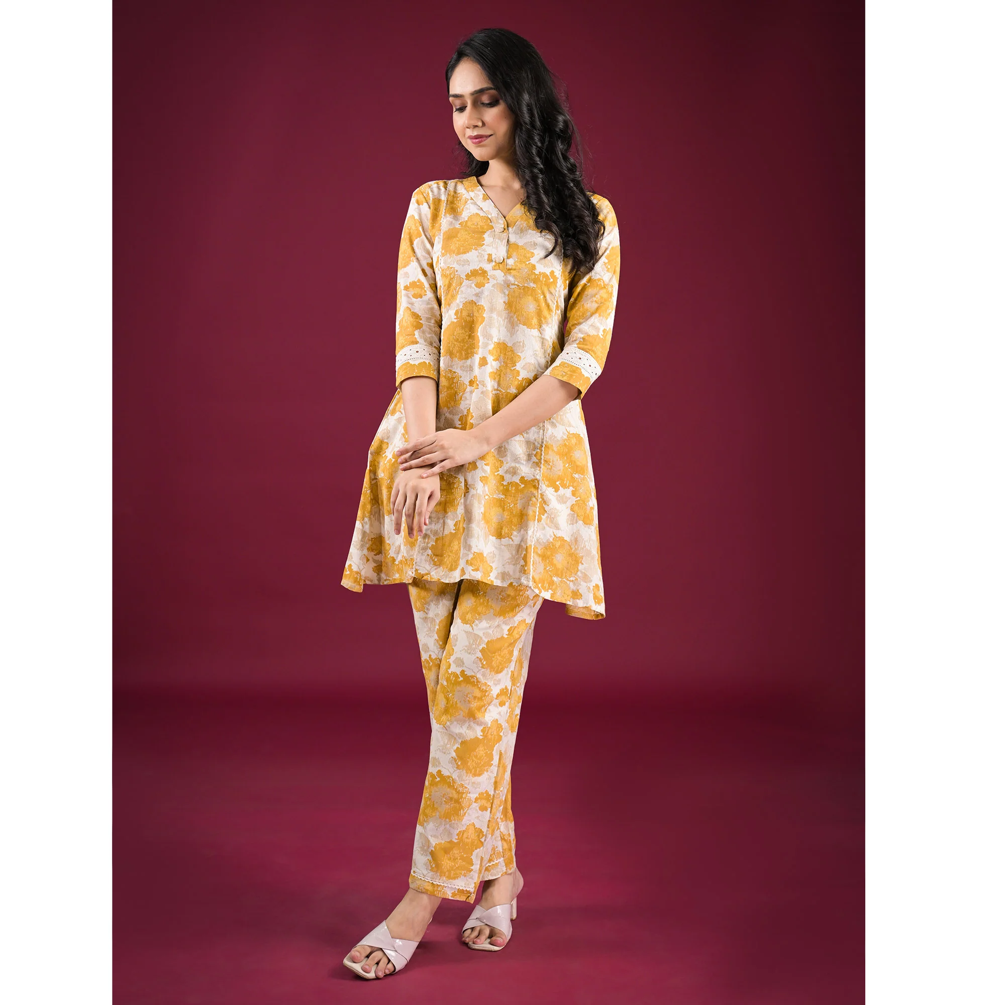 Mustard Floral Printed Pure Cotton Co-Ord Set - Image 5