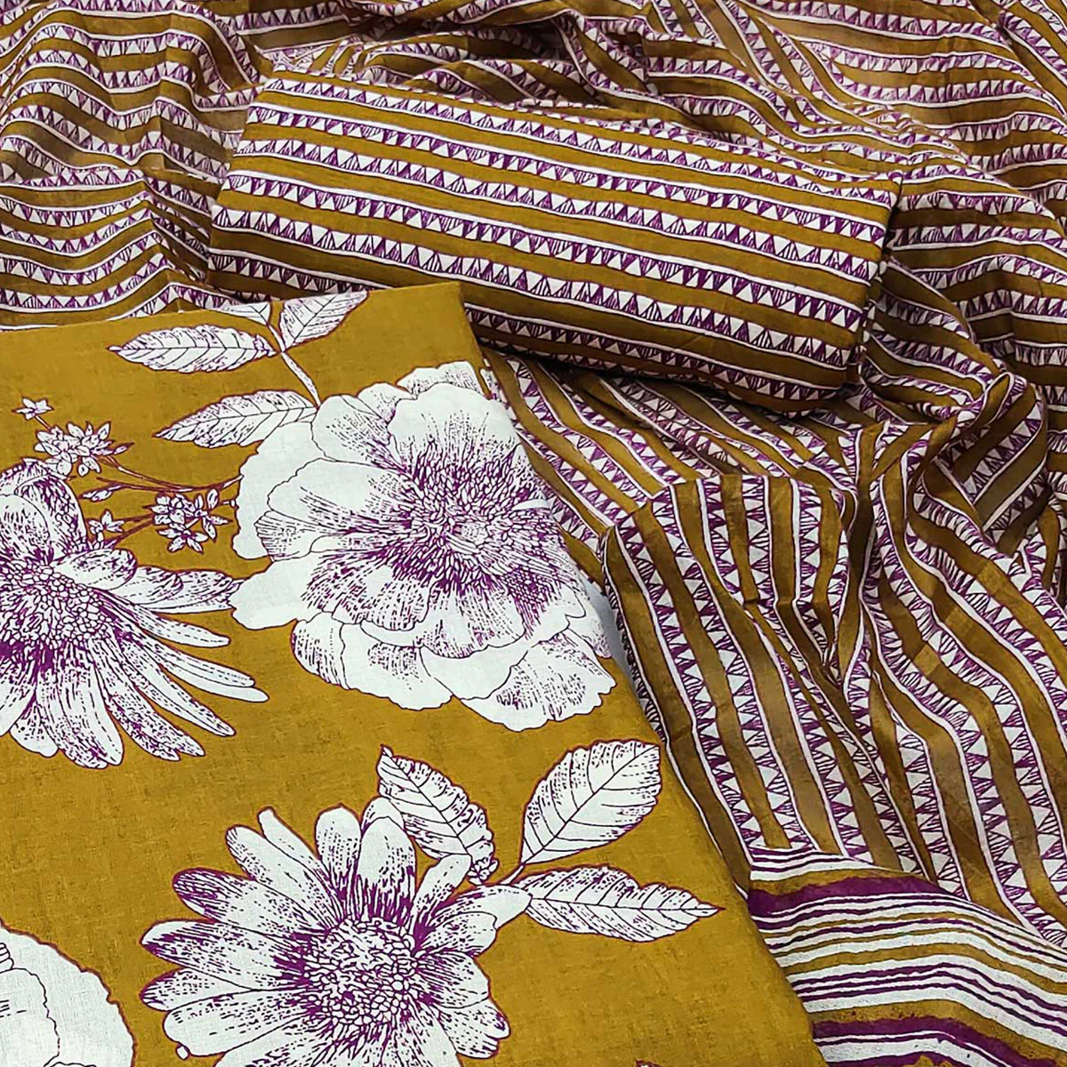 Mustard Floral Printed Pure Cotton Dress Material - Image 2