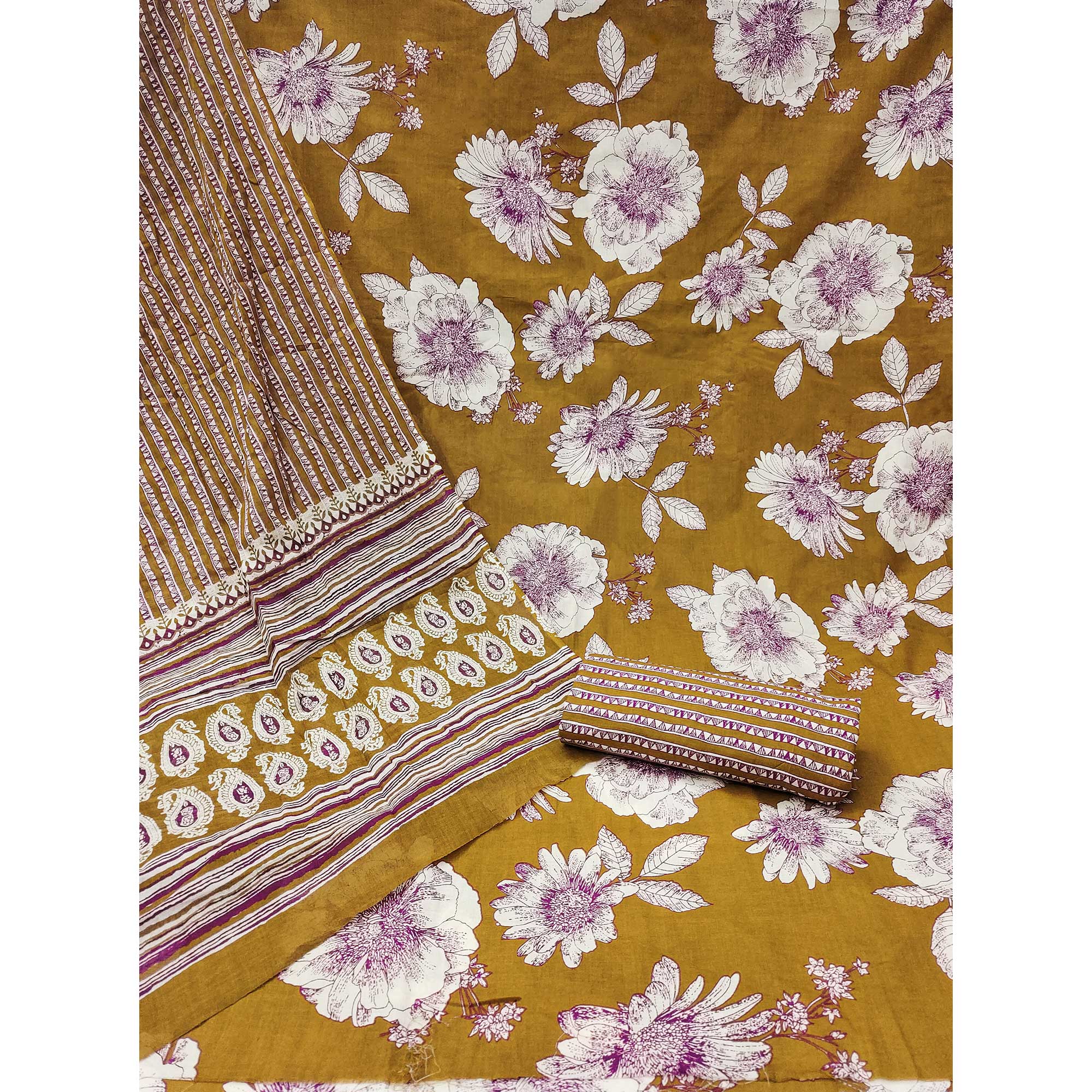 Mustard Floral Printed Pure Cotton Dress Material - Image 3
