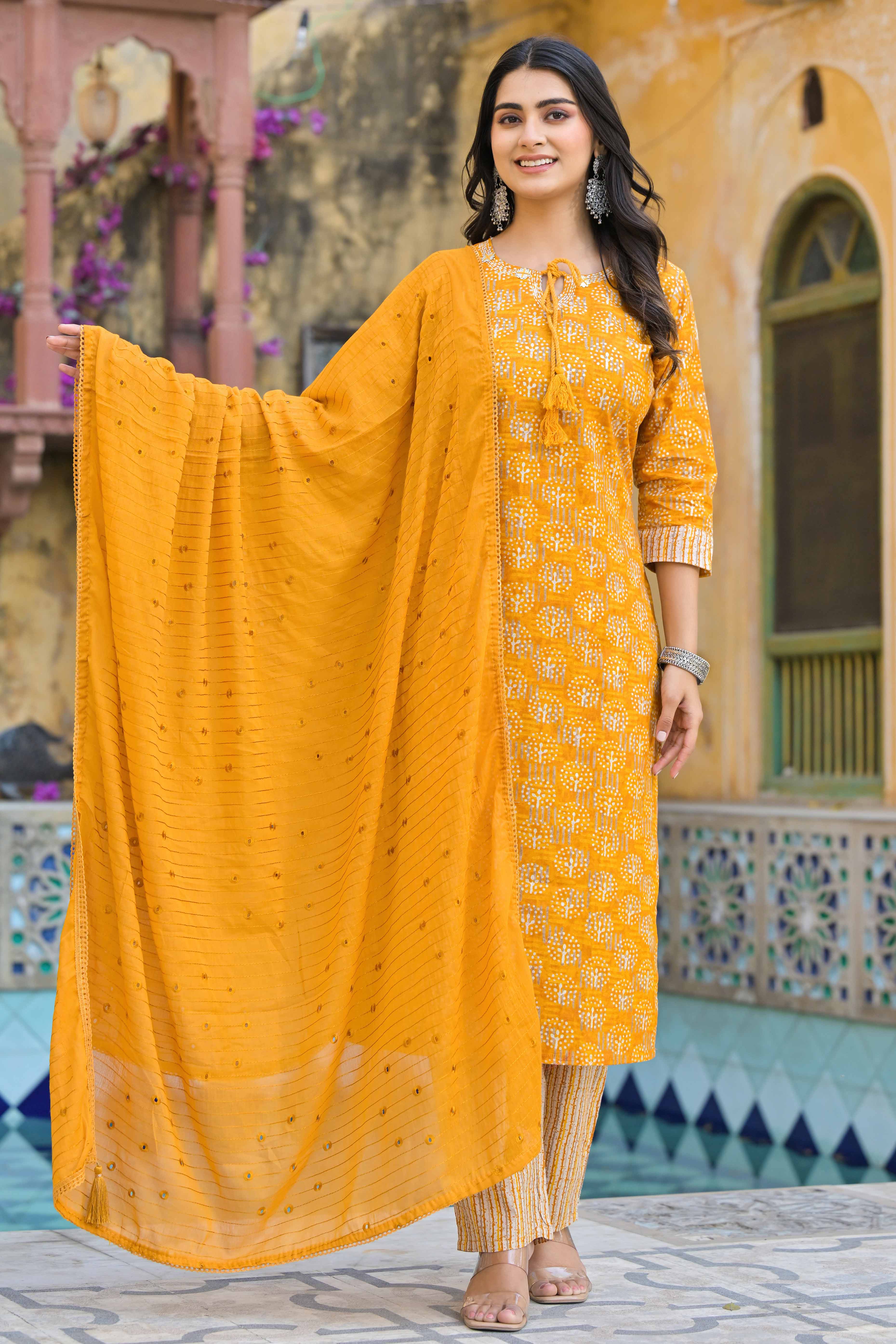 Mustard Floral Printed Pure Cotton Straight Salwar Suit - Image 3