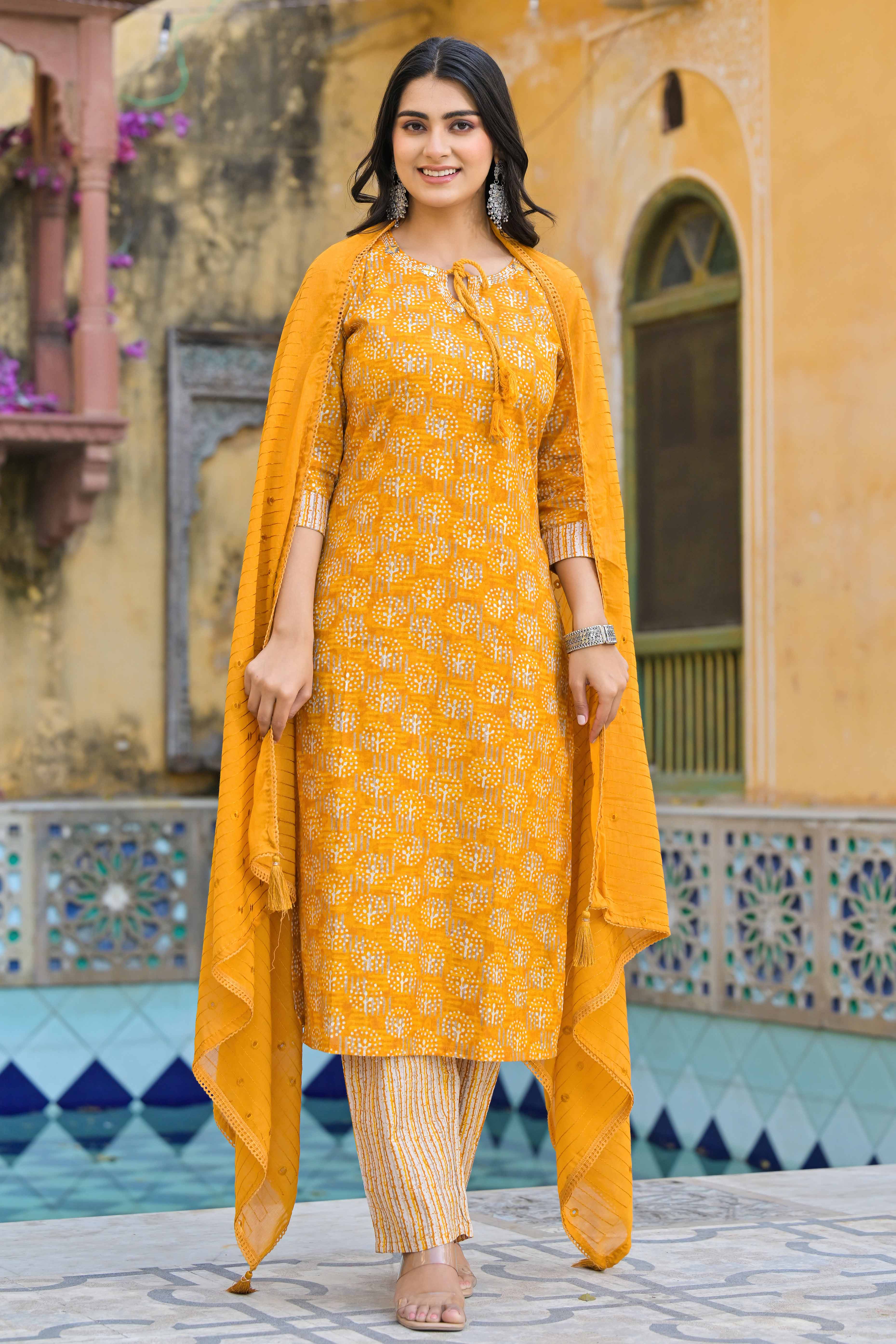 Mustard Floral Printed Pure Cotton Straight Salwar Suit - Image 4