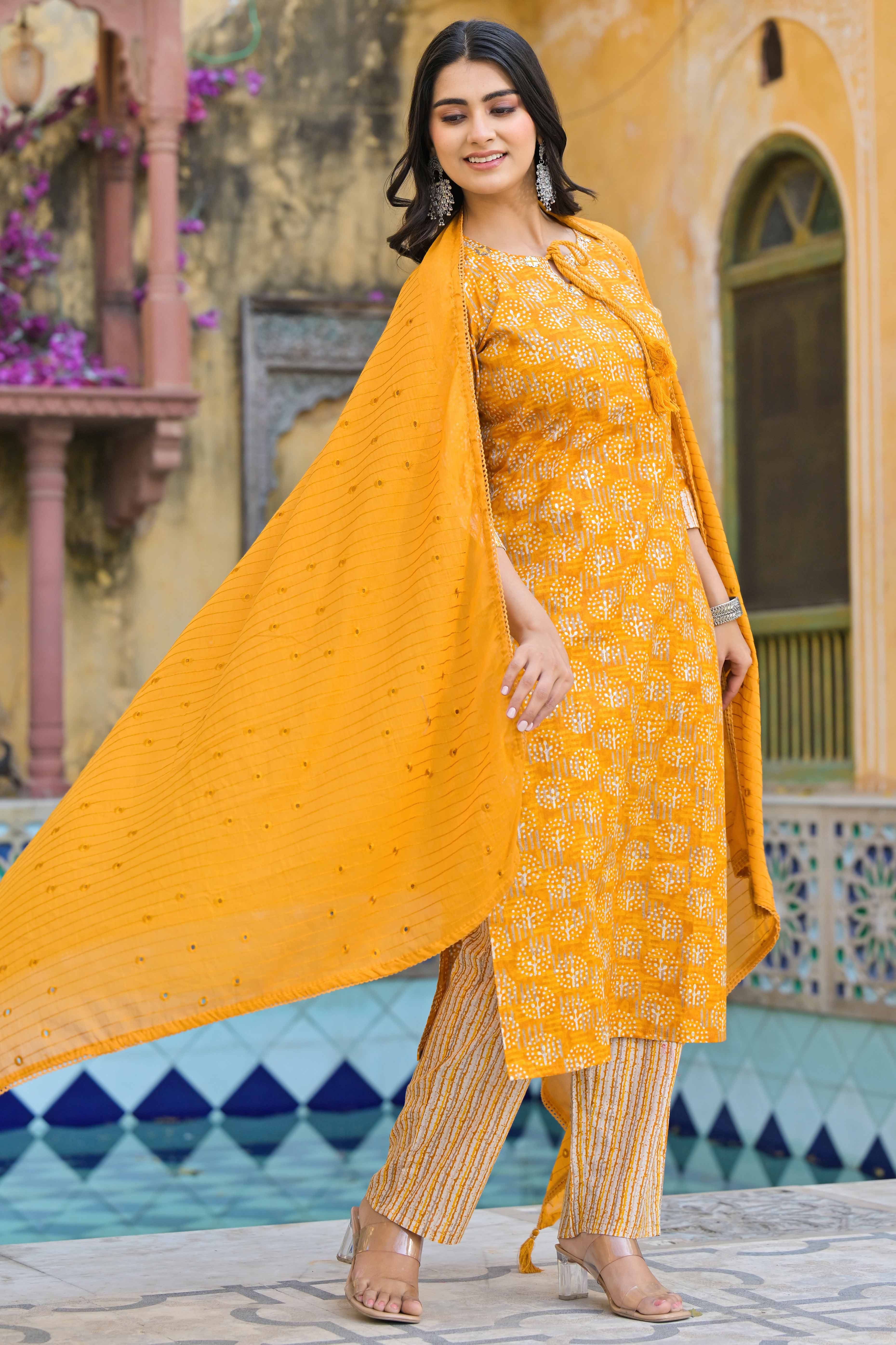 Mustard Floral Printed Pure Cotton Straight Salwar Suit - Image 5