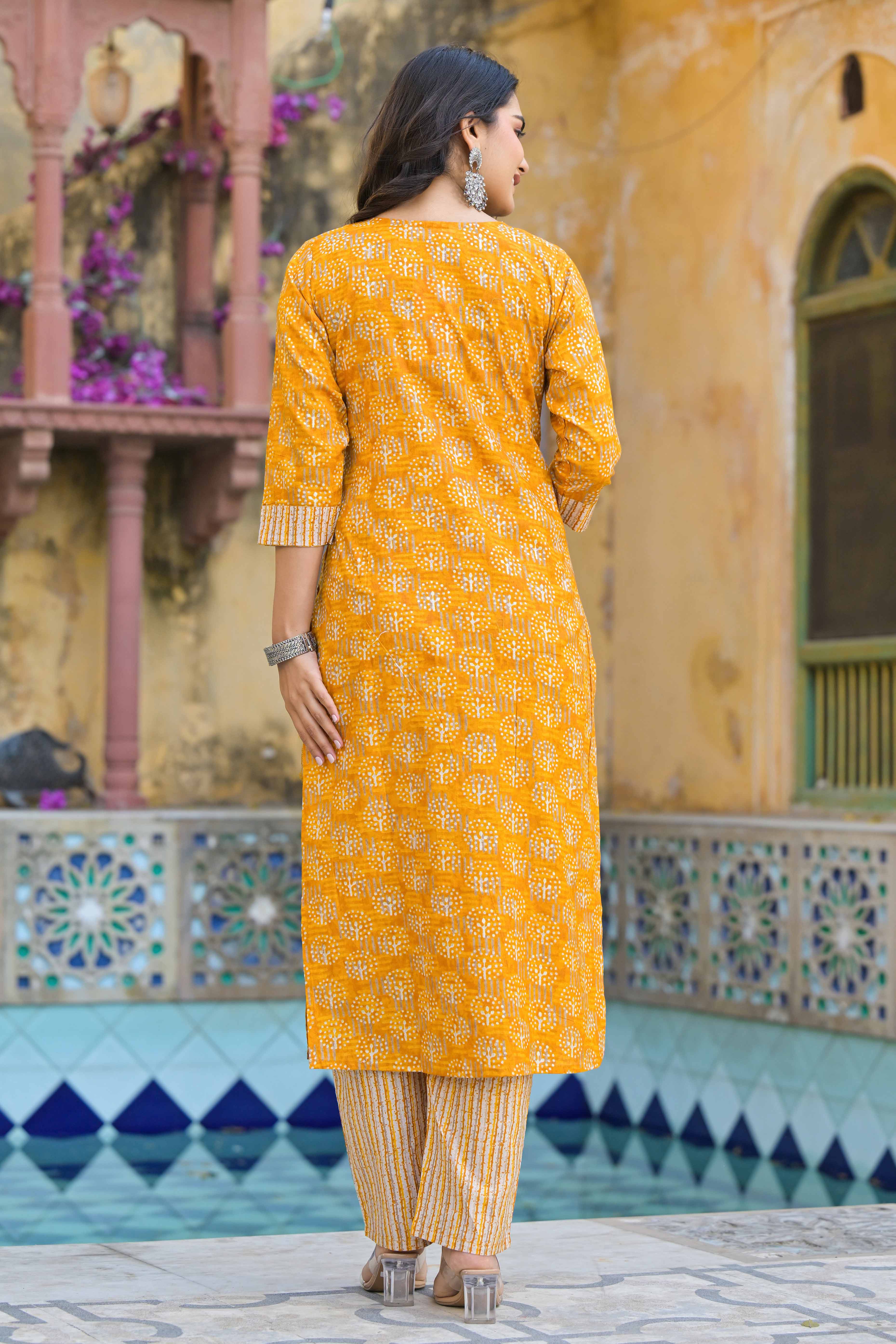 Mustard Floral Printed Pure Cotton Straight Salwar Suit - Image 7