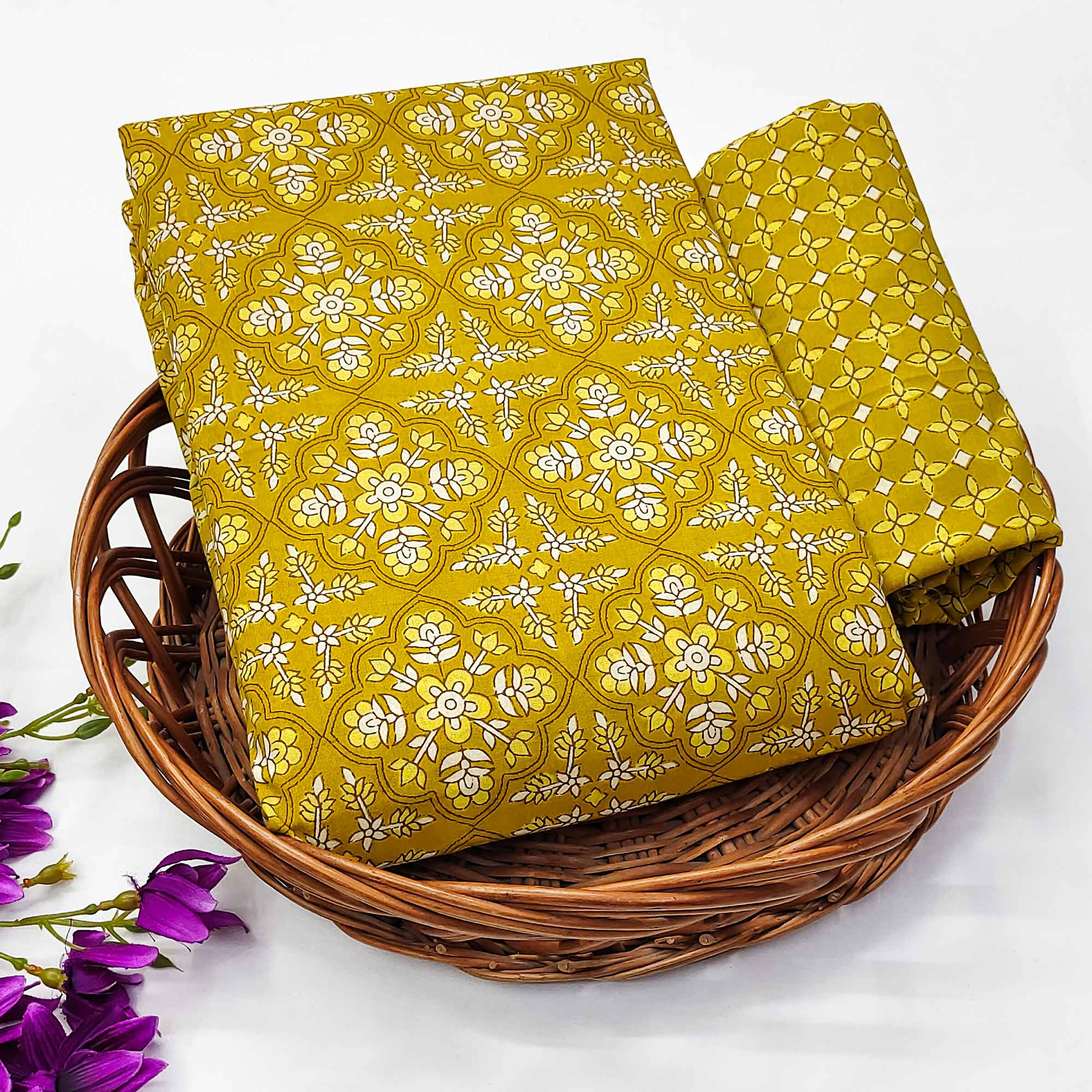 Mustard Floral Printed Pure Cotton Two Tops Dress Material - Image 3