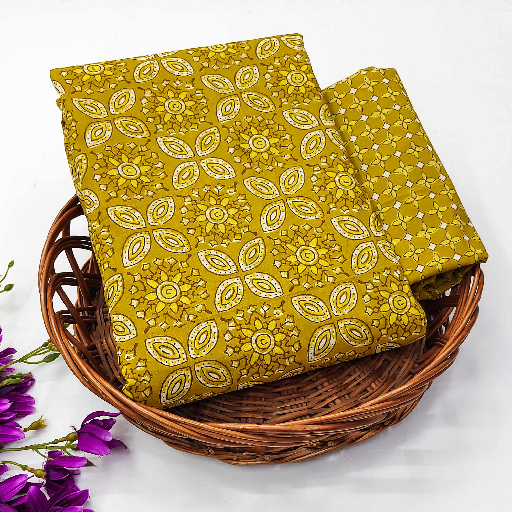 Mustard Floral Printed Pure Cotton Two Tops Dress Material - Image 5