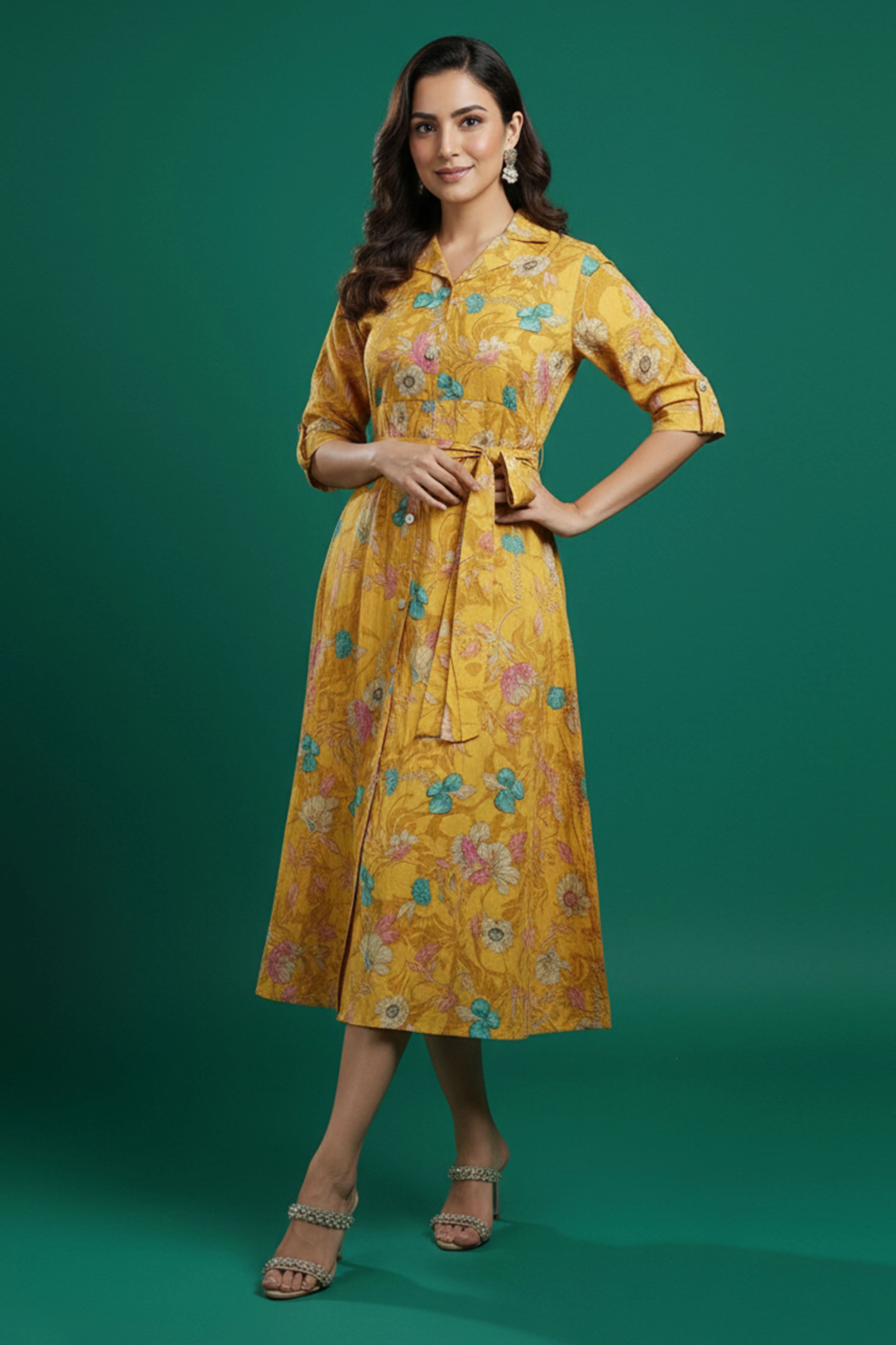 Mustard Floral Printed Rayon Denting Slub A-Line Dress - Image 3