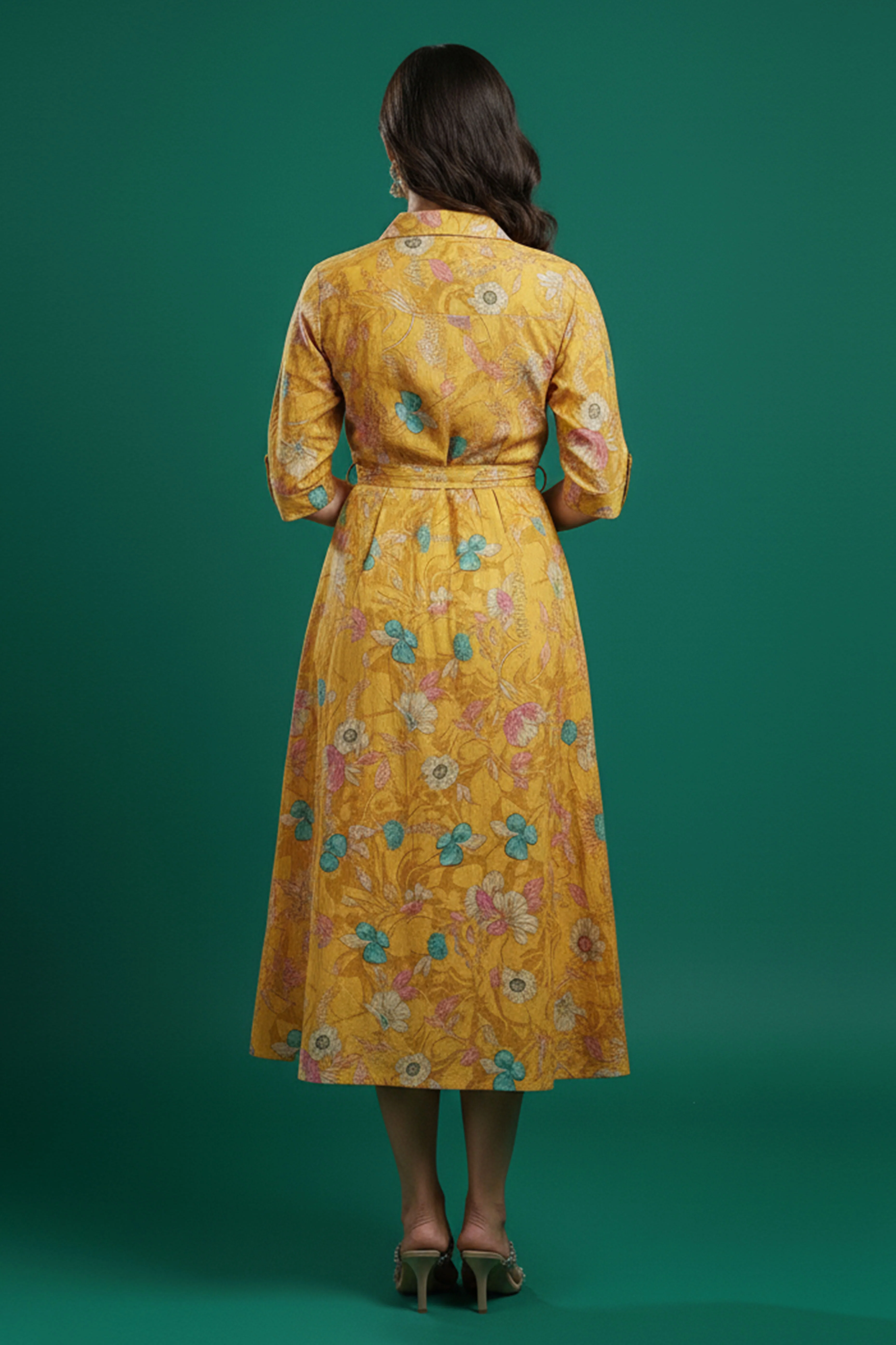 Mustard Floral Printed Rayon Denting Slub A-Line Dress - Image 4