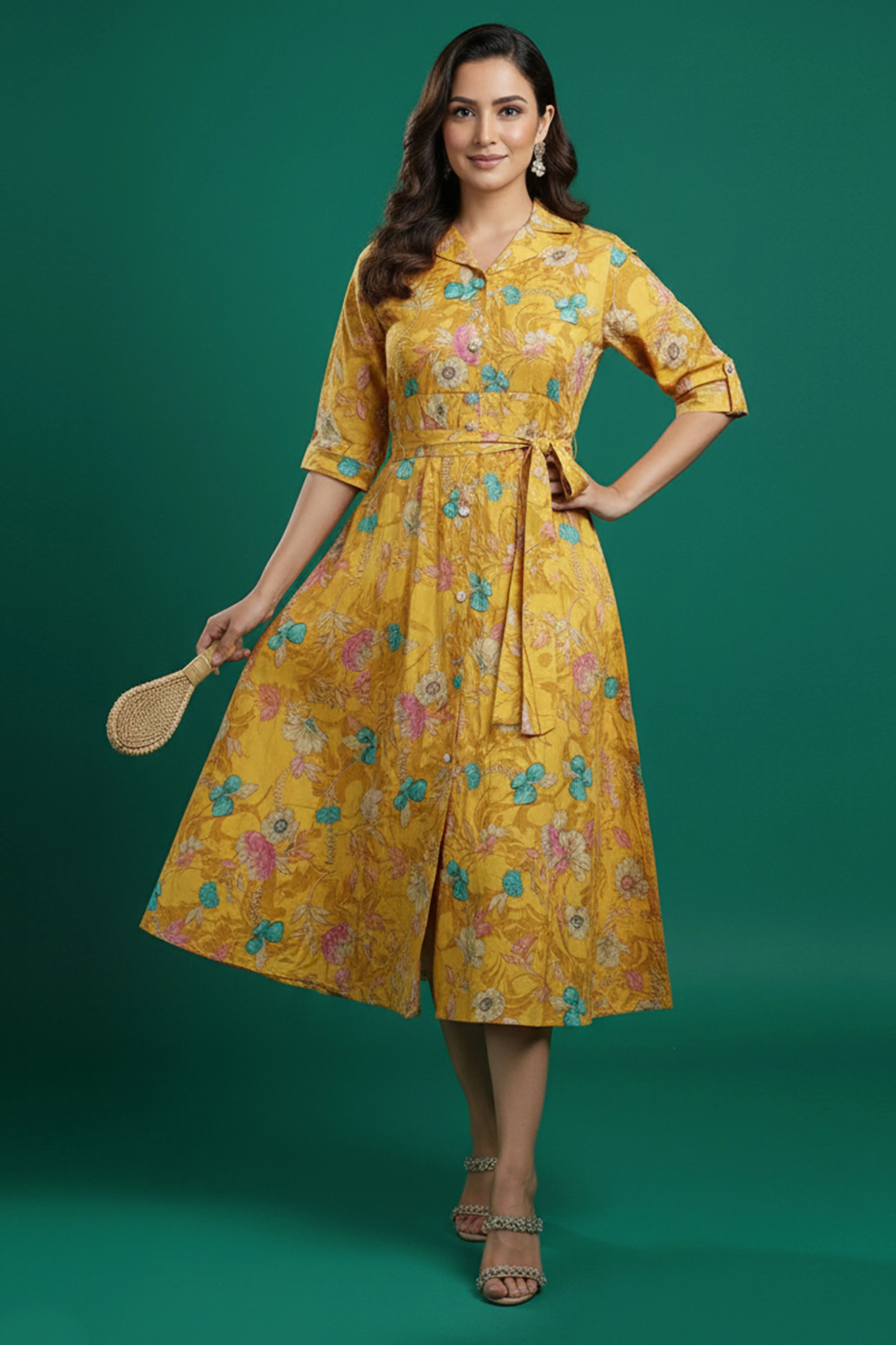 Mustard Floral Printed Rayon Denting Slub A-Line Dress - Image 5