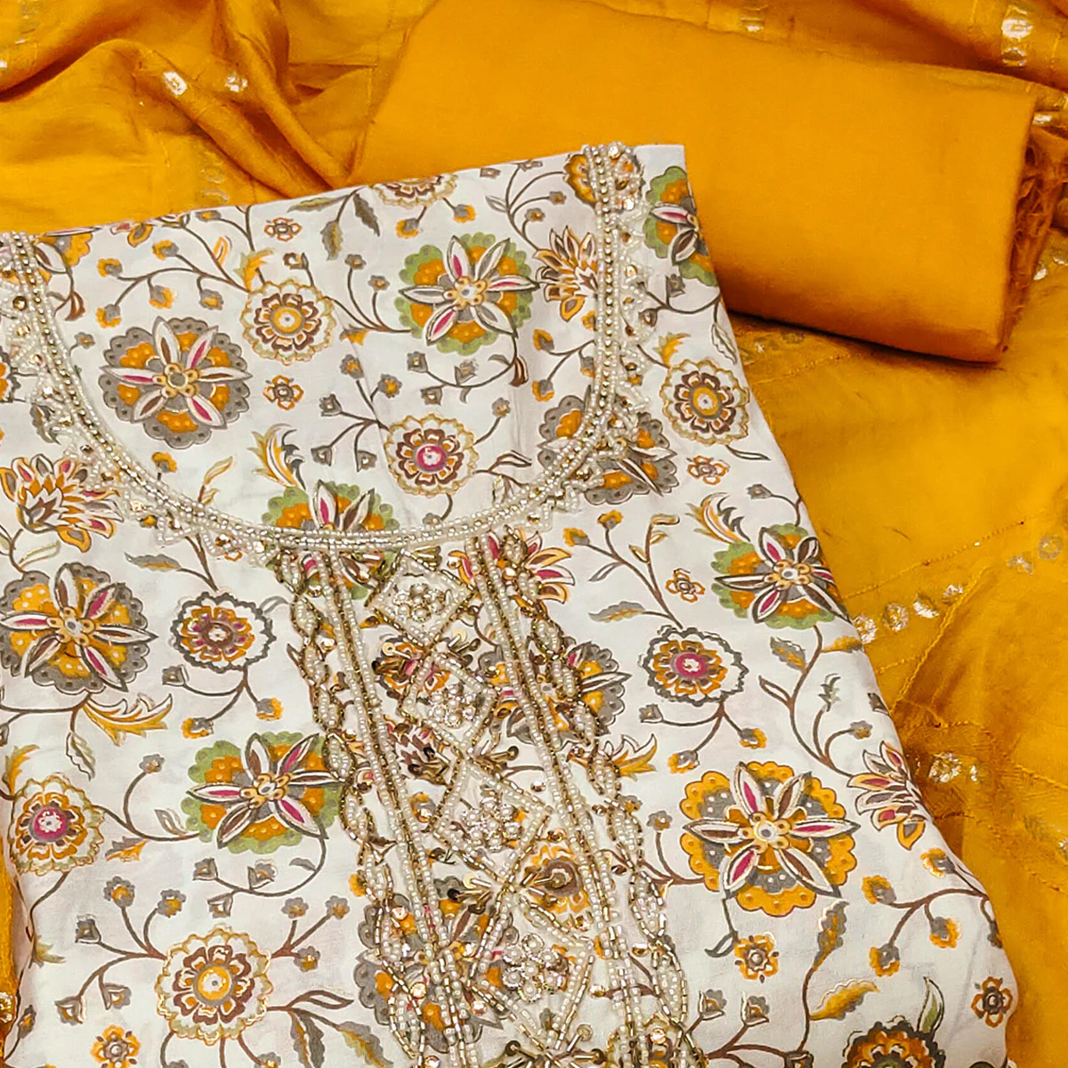 Mustard Floral Printed Roman Cotton Silk Dress Material With Intricate Moti & Sequins Handwork - Image 2