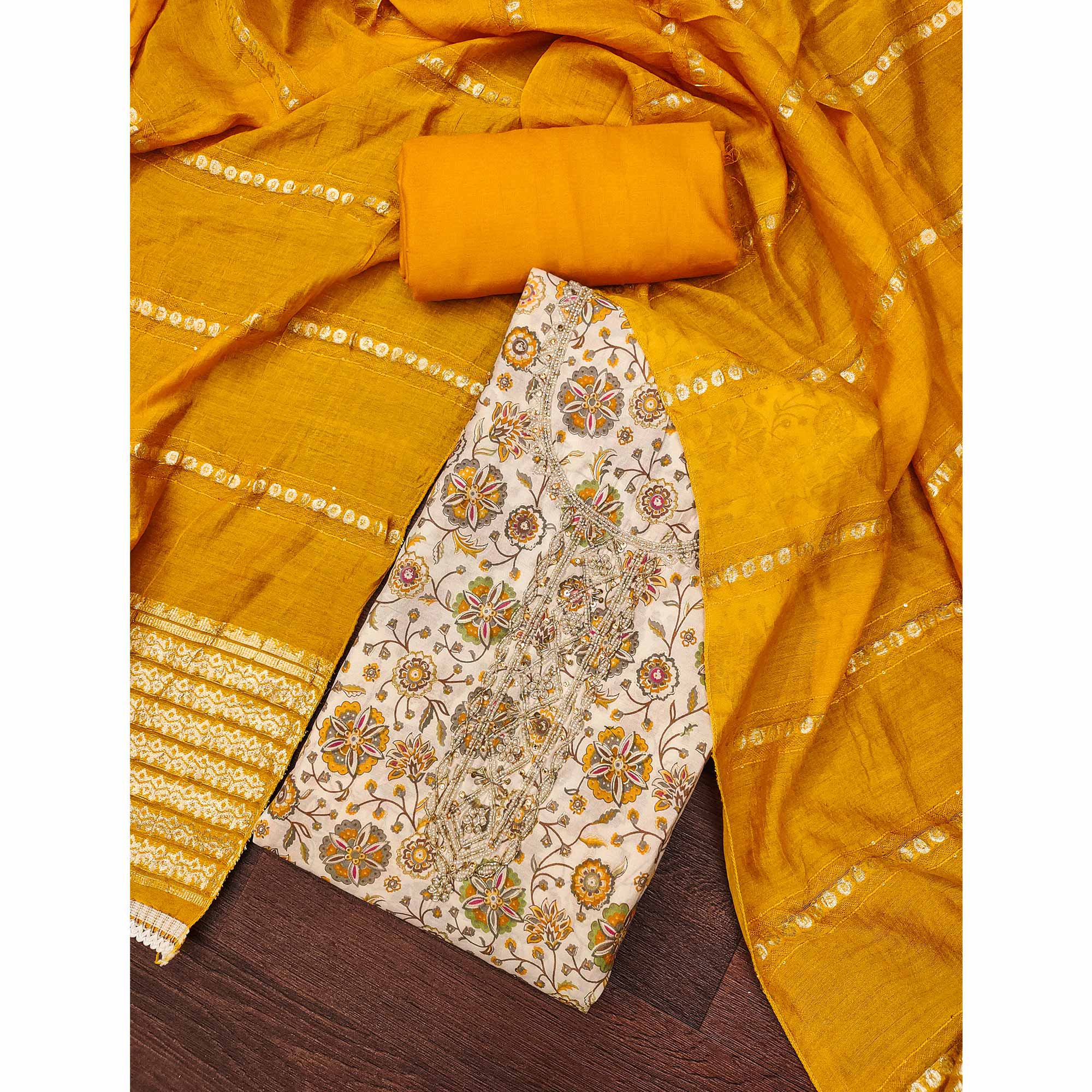 Mustard Floral Printed Roman Cotton Silk Dress Material With Intricate Moti & Sequins Handwork - Image 3