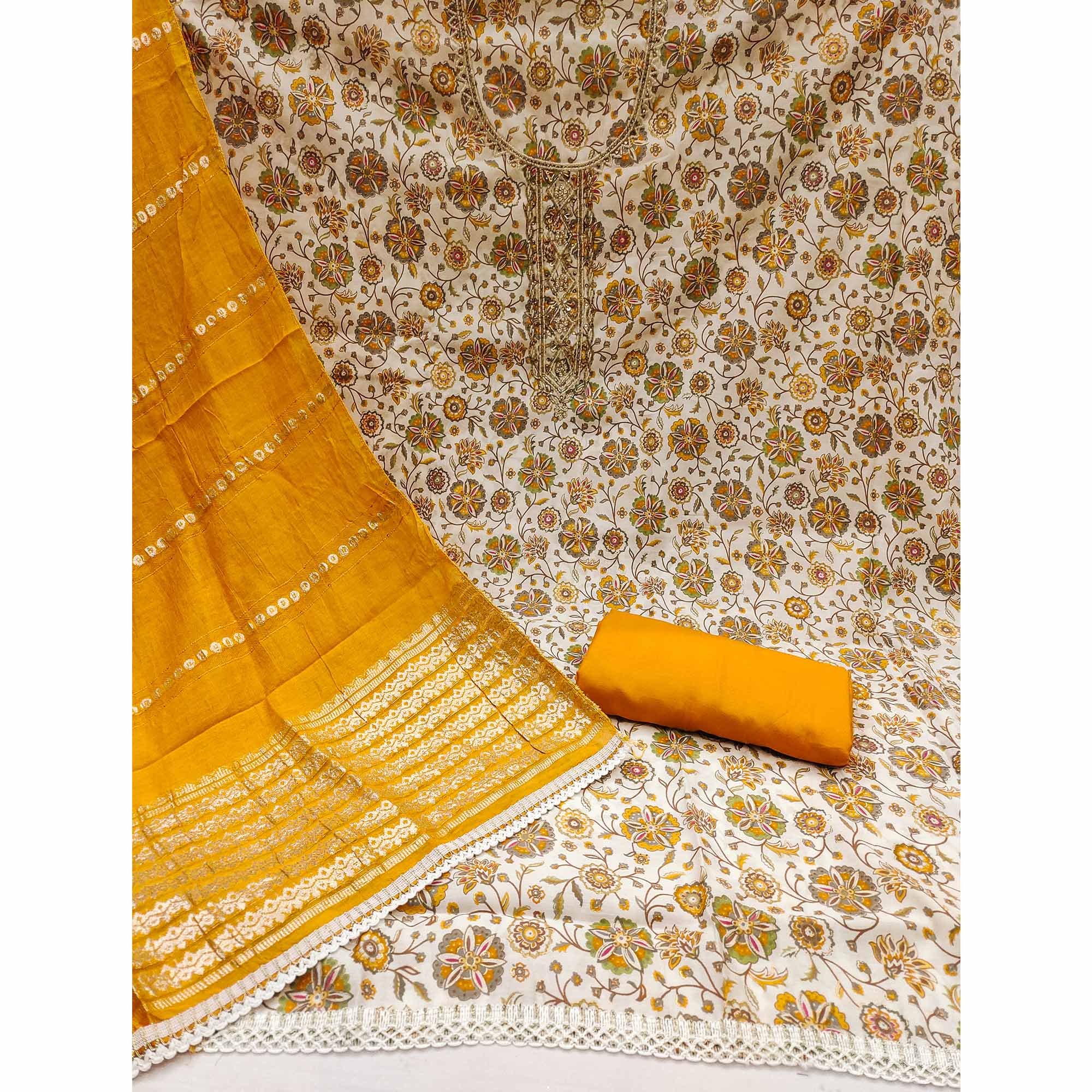 Mustard Floral Printed Roman Cotton Silk Dress Material With Intricate Moti & Sequins Handwork - Image 4