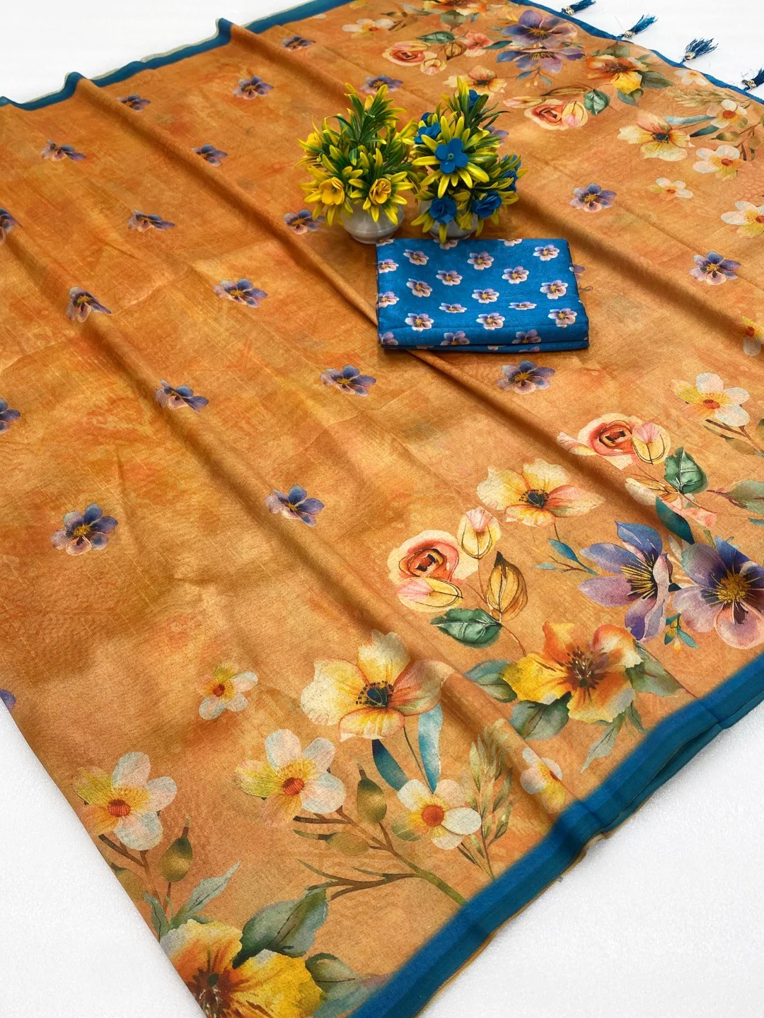 Mustard Floral Printed Silk Blend Saree with Blue Border - Image 3
