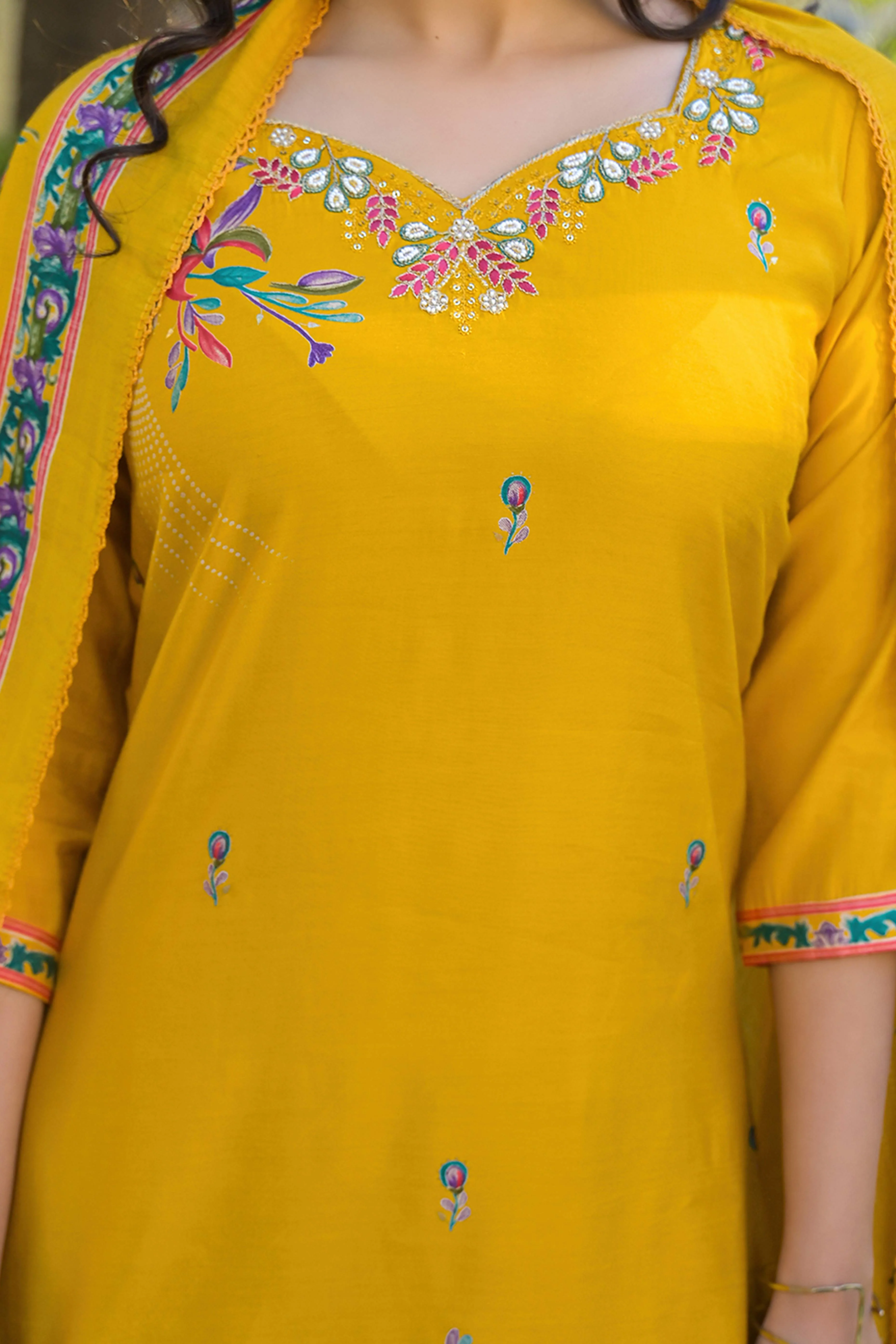 Mustard Floral Printed Thread Work Chanderi Silk Straight Salwar Suit - Image 2