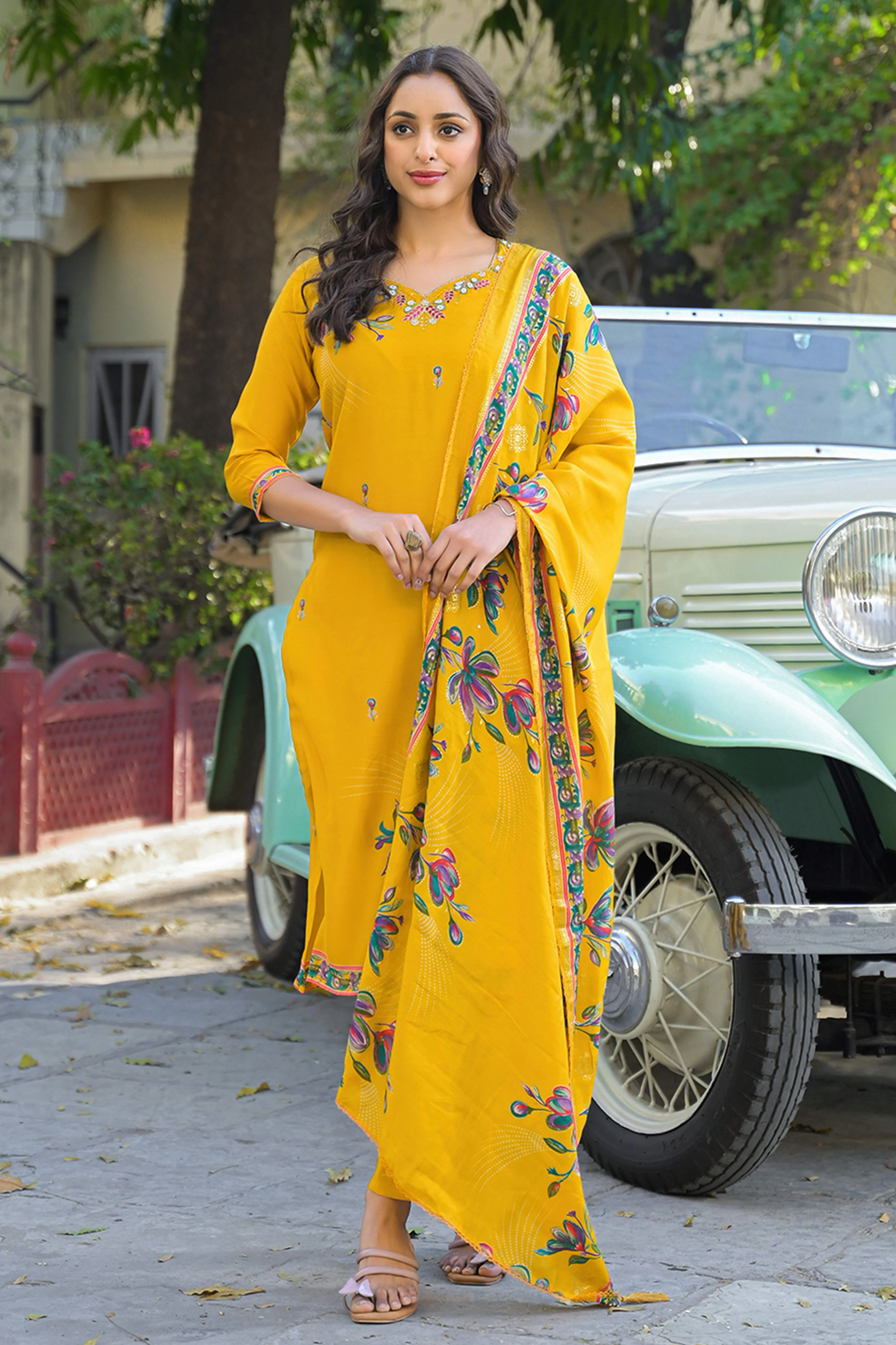 Mustard Floral Printed Thread Work Chanderi Silk Straight Salwar Suit - Image 3