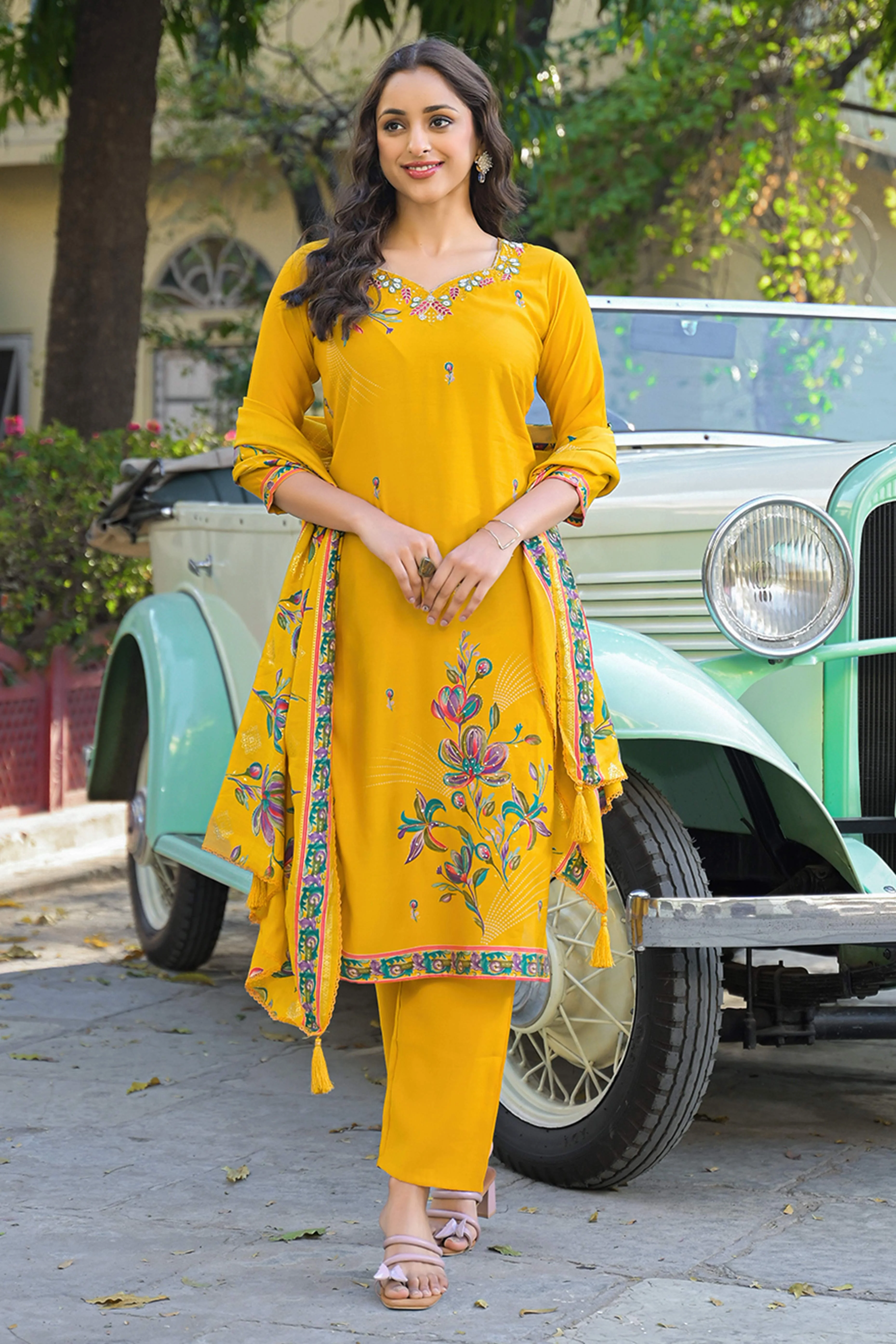 Mustard Floral Printed Thread Work Chanderi Silk Straight Salwar Suit - Image 4