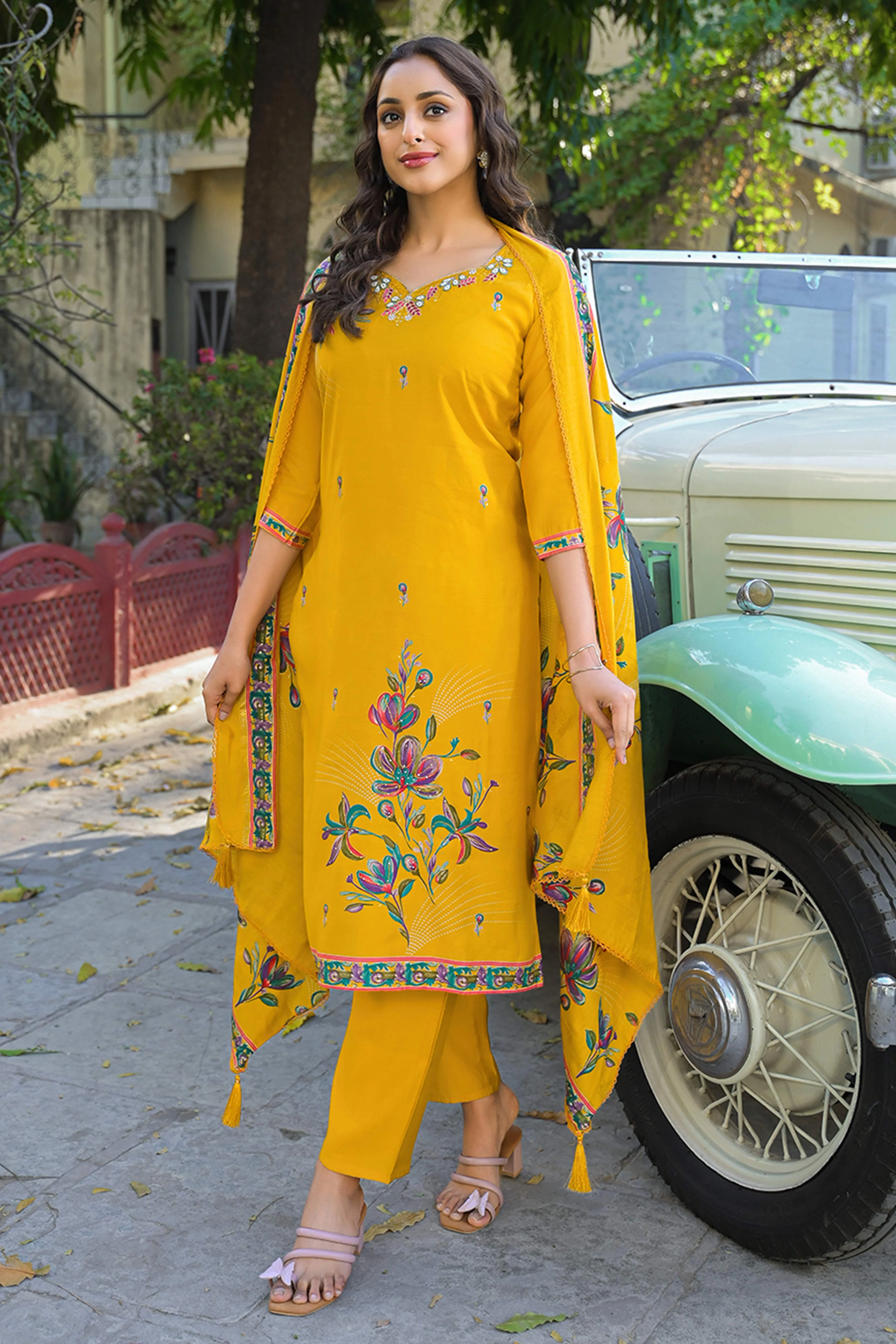 Mustard Floral Printed Thread Work Chanderi Silk Straight Salwar Suit - Image 5