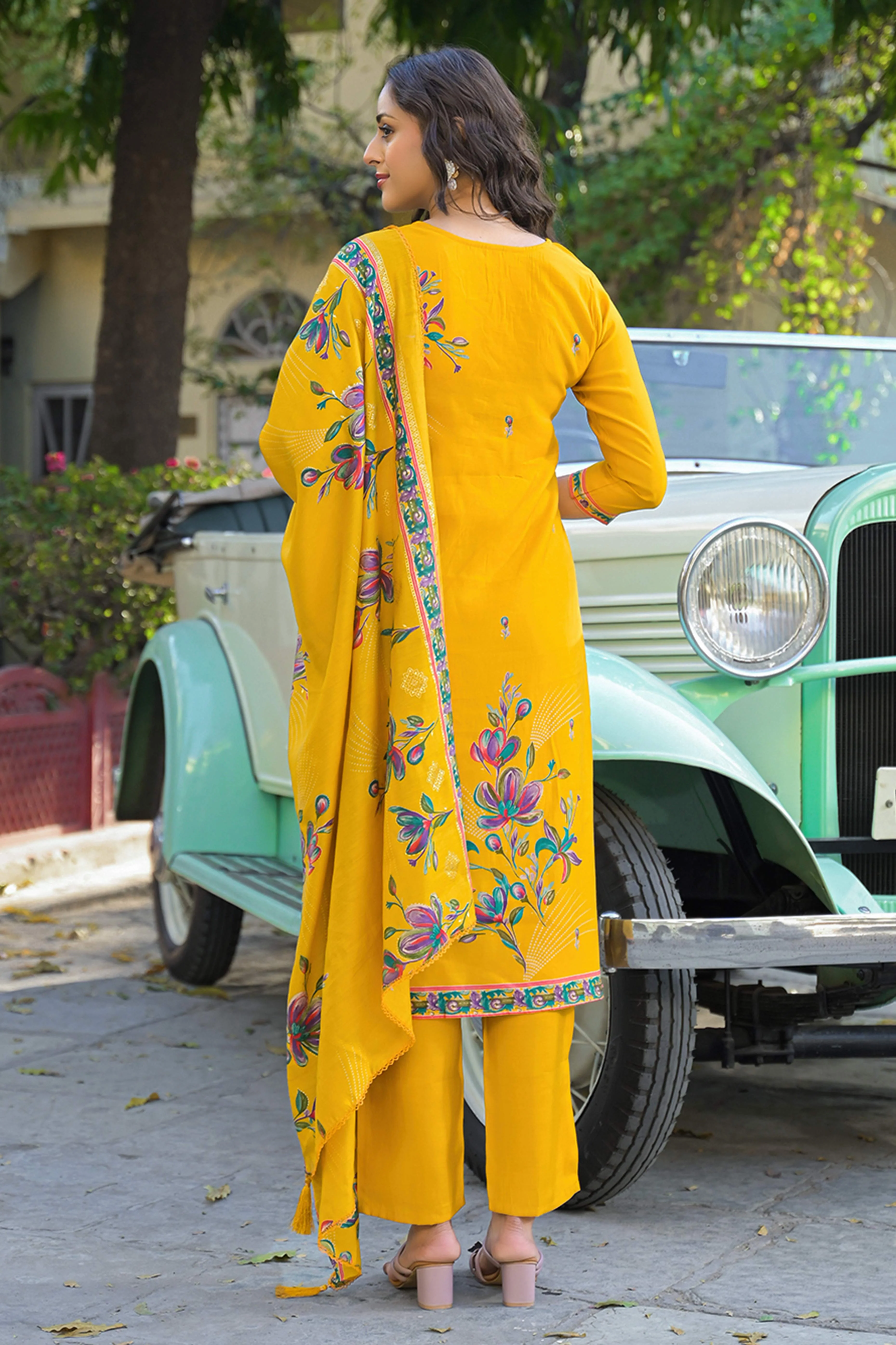 Mustard Floral Printed Thread Work Chanderi Silk Straight Salwar Suit - Image 6