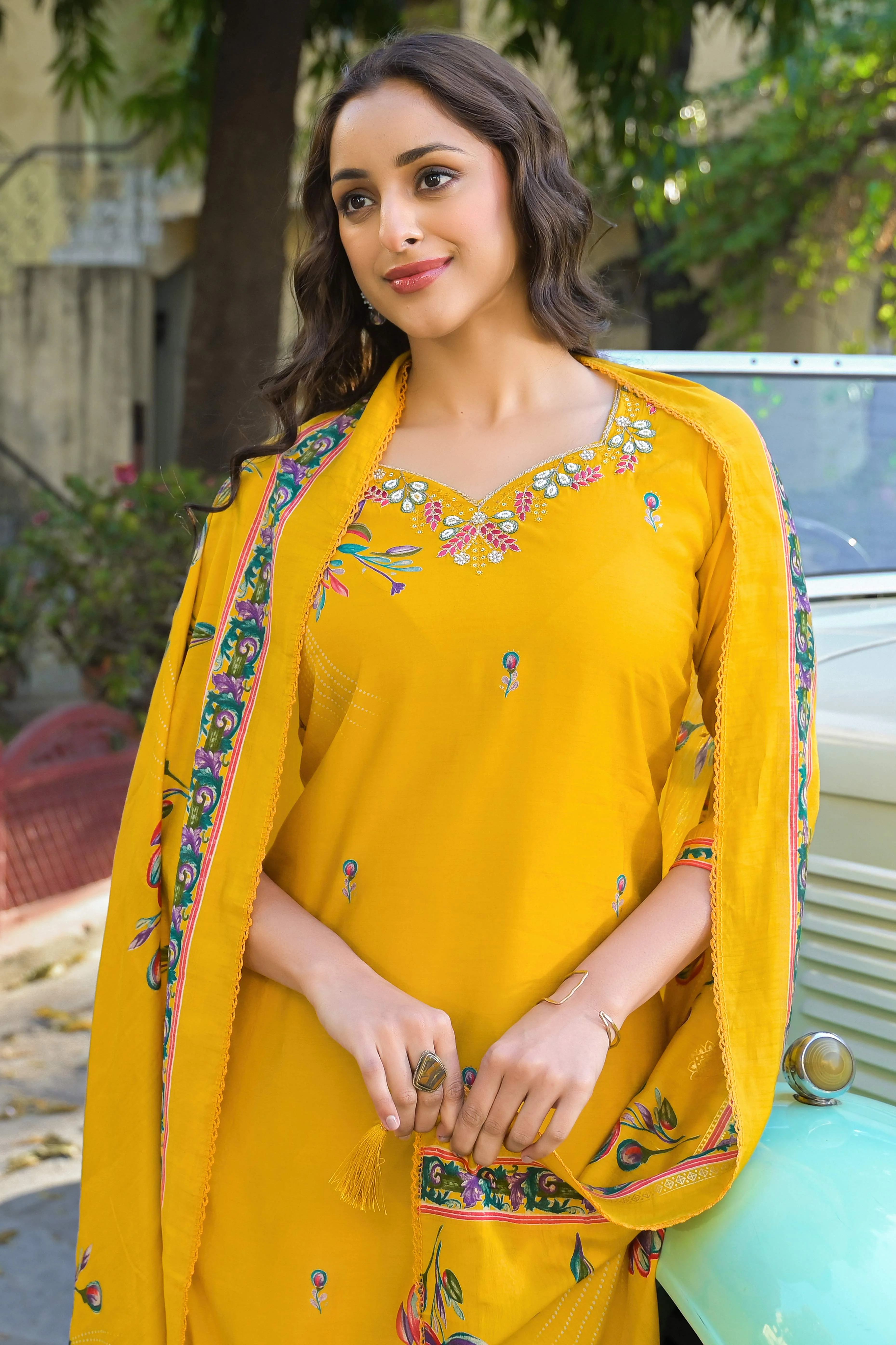 Mustard Floral Printed Thread Work Chanderi Silk Straight Salwar Suit - Image 7