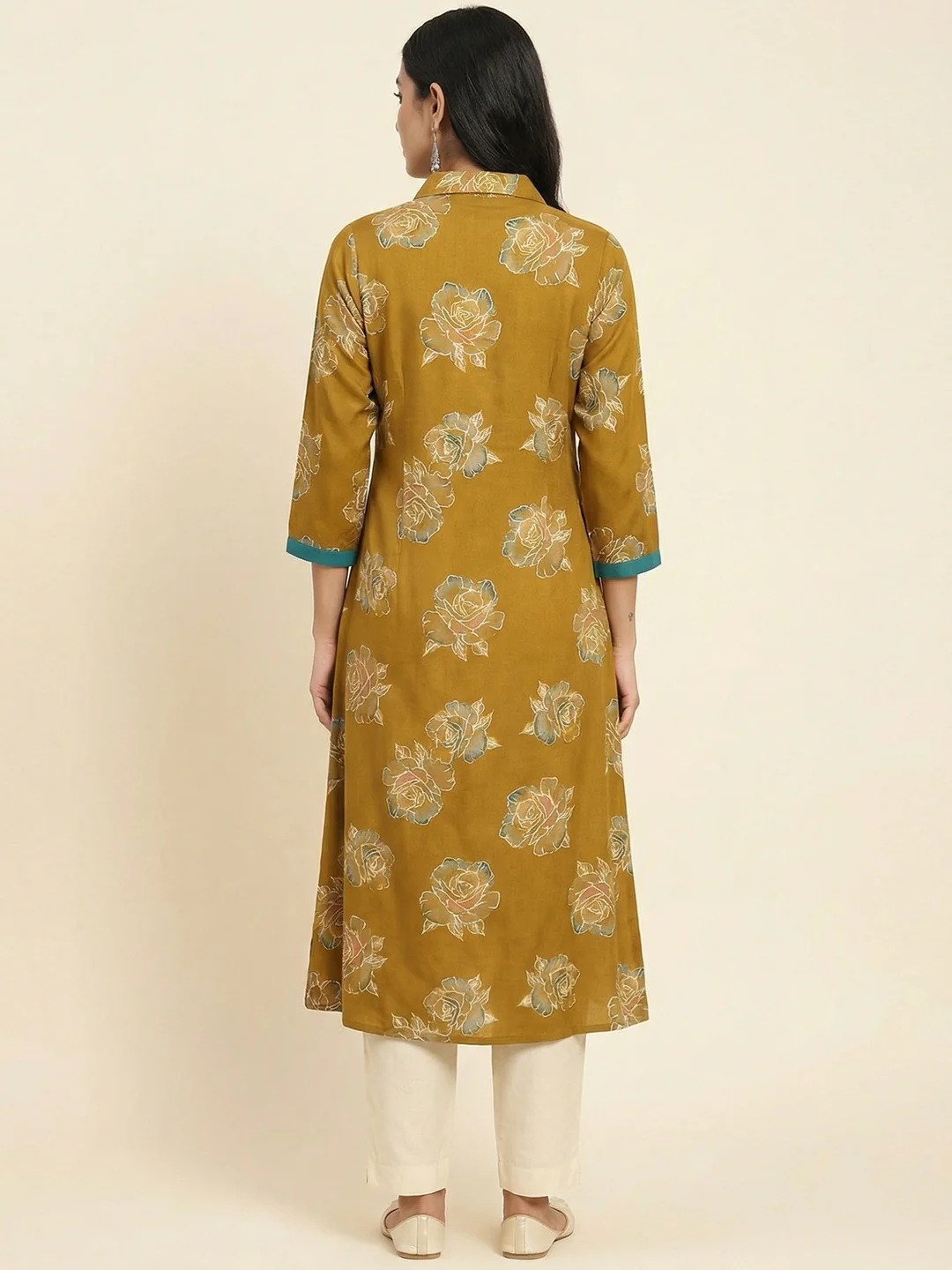 Mustard Floral Printed Viscose Kurti with Collar Neck - Image 5