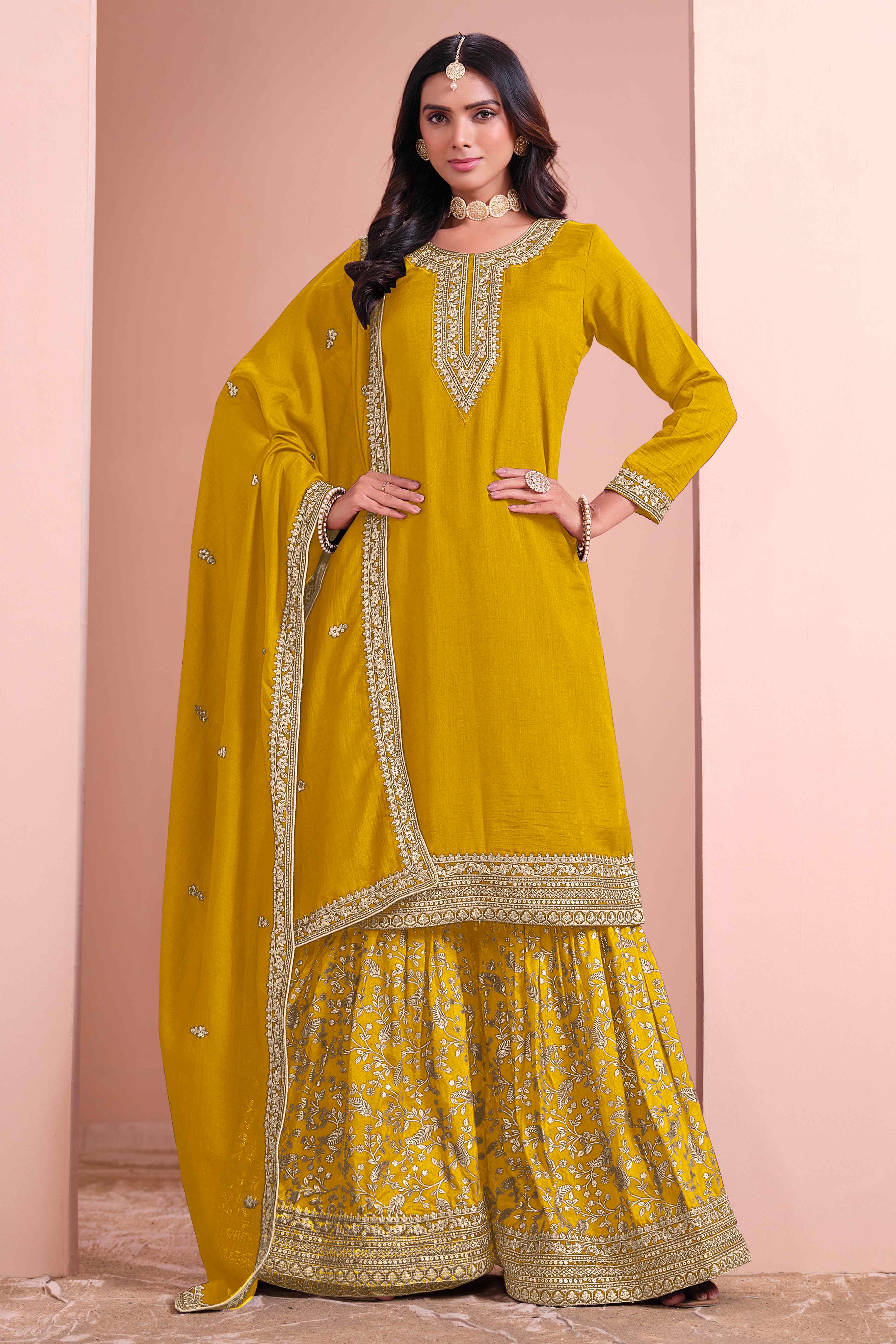 Mustard Floral Semi-Stitched Art Silk Sharara Suit With Sequins Embroidery Work - Image 3