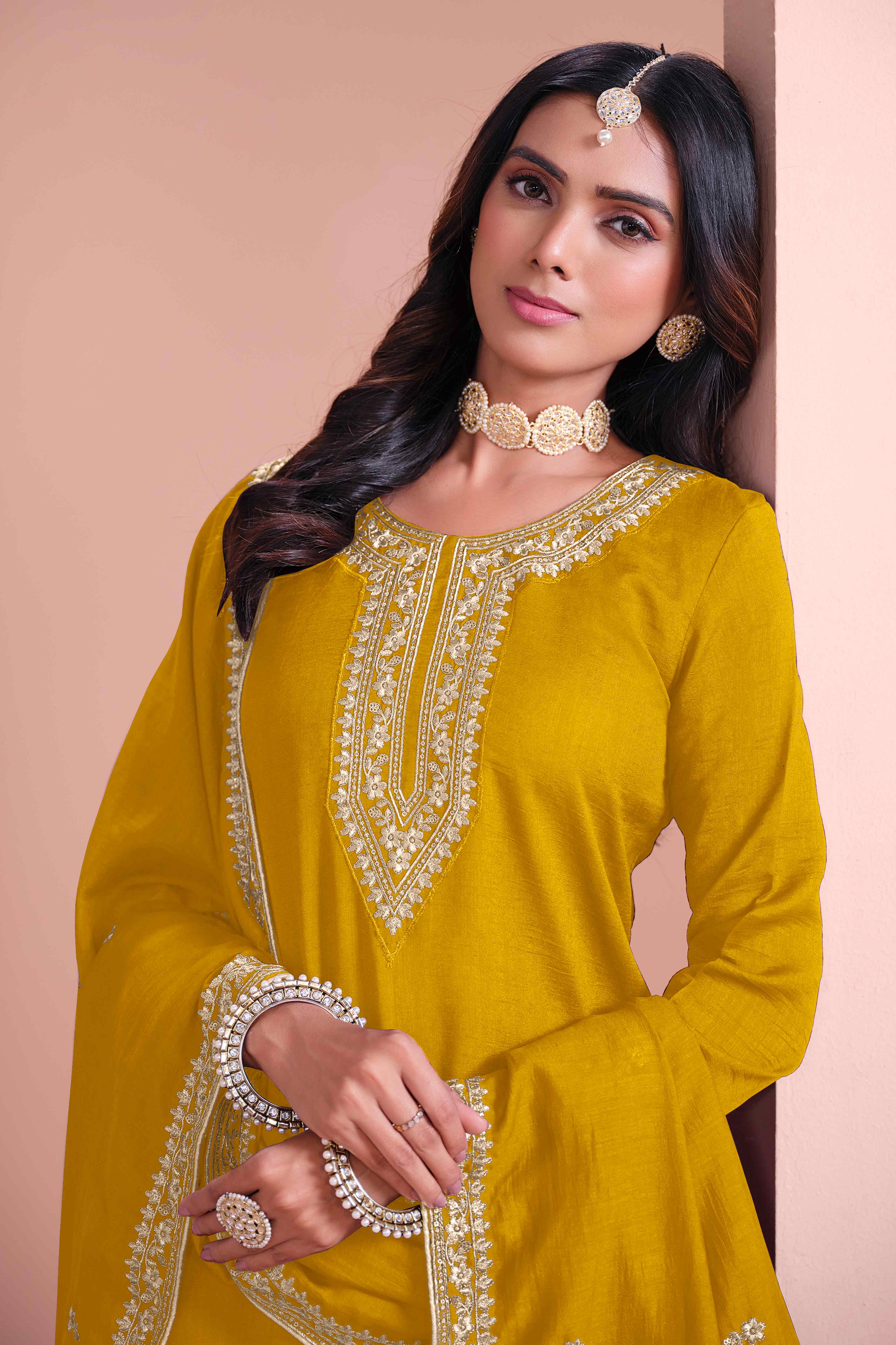 Mustard Floral Semi-Stitched Art Silk Sharara Suit With Sequins Embroidery Work - Image 4