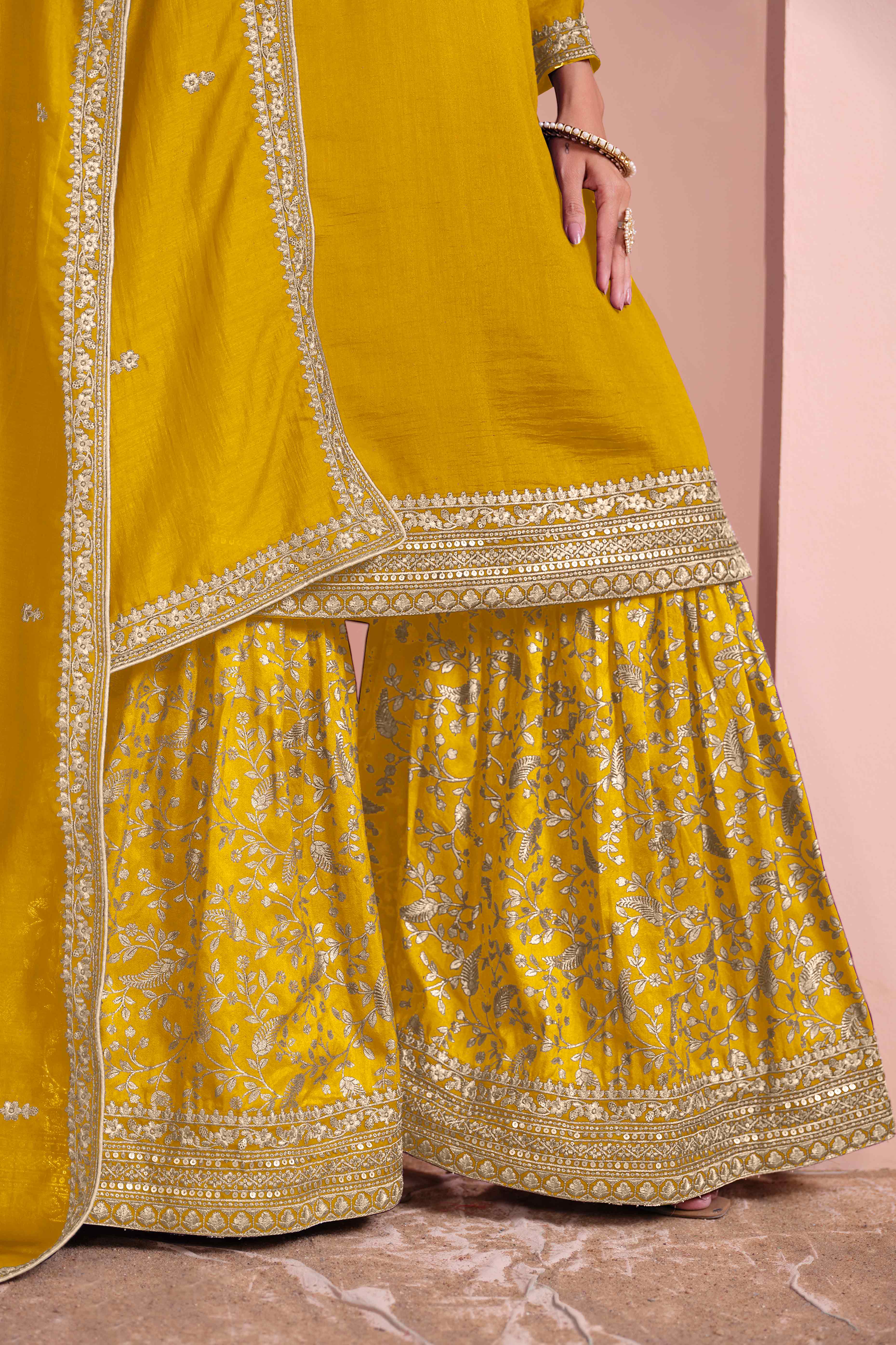 Mustard Floral Semi-Stitched Art Silk Sharara Suit With Sequins Embroidery Work - Image 5