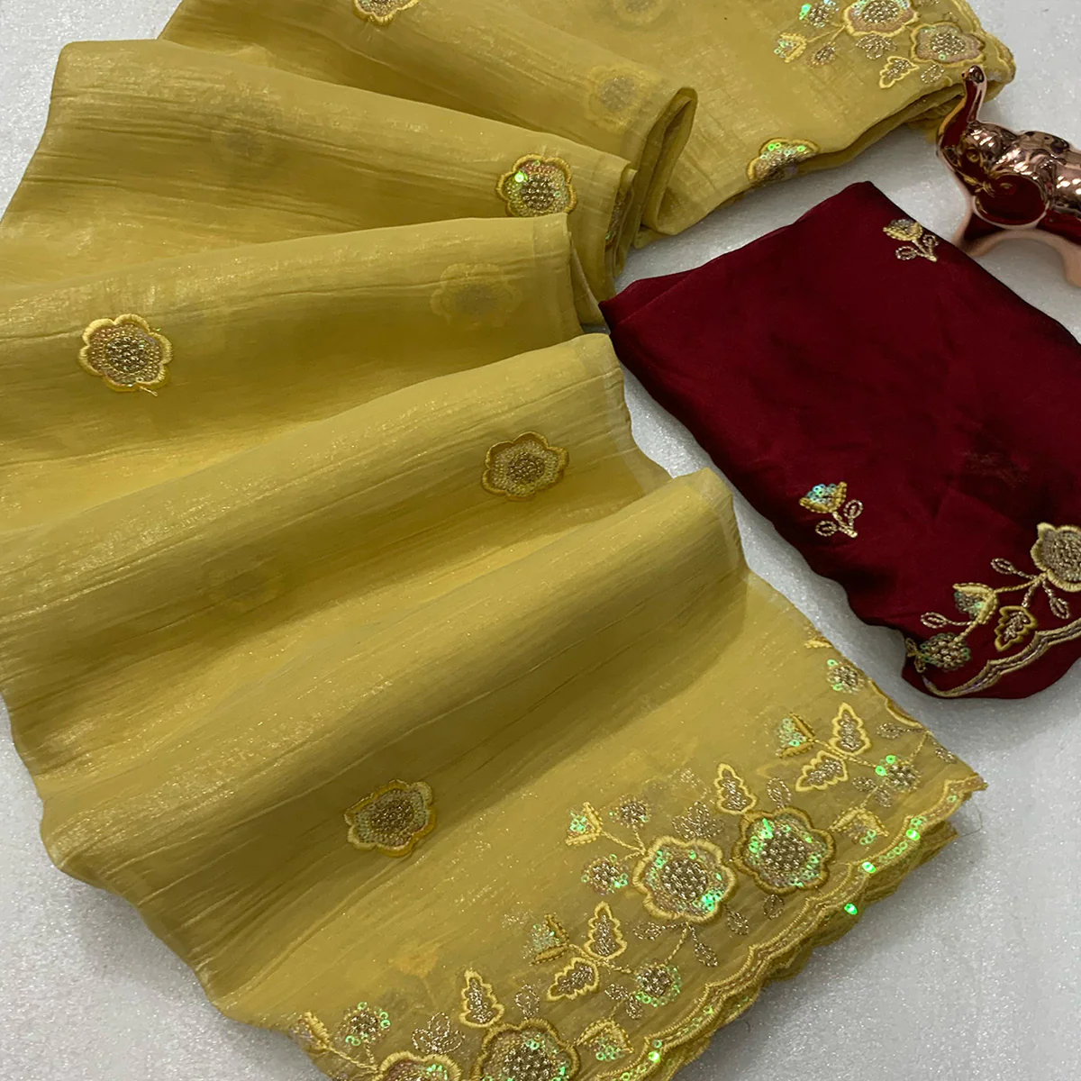 Mustard Floral Sequins Embroidered Chiffon Saree - Image 2