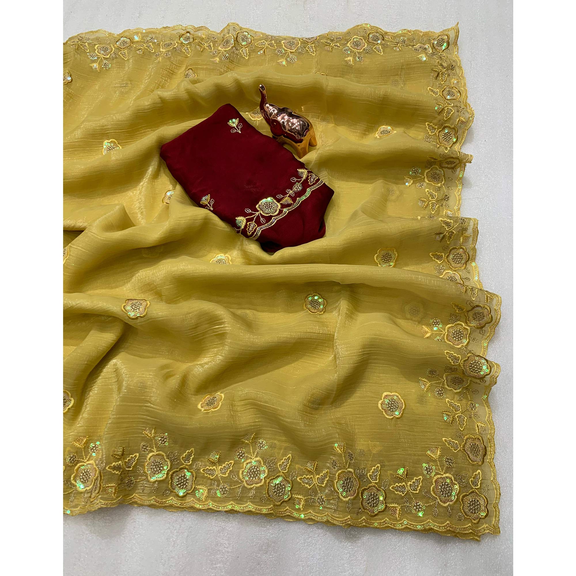 Mustard Floral Sequins Embroidered Chiffon Saree - Image 3