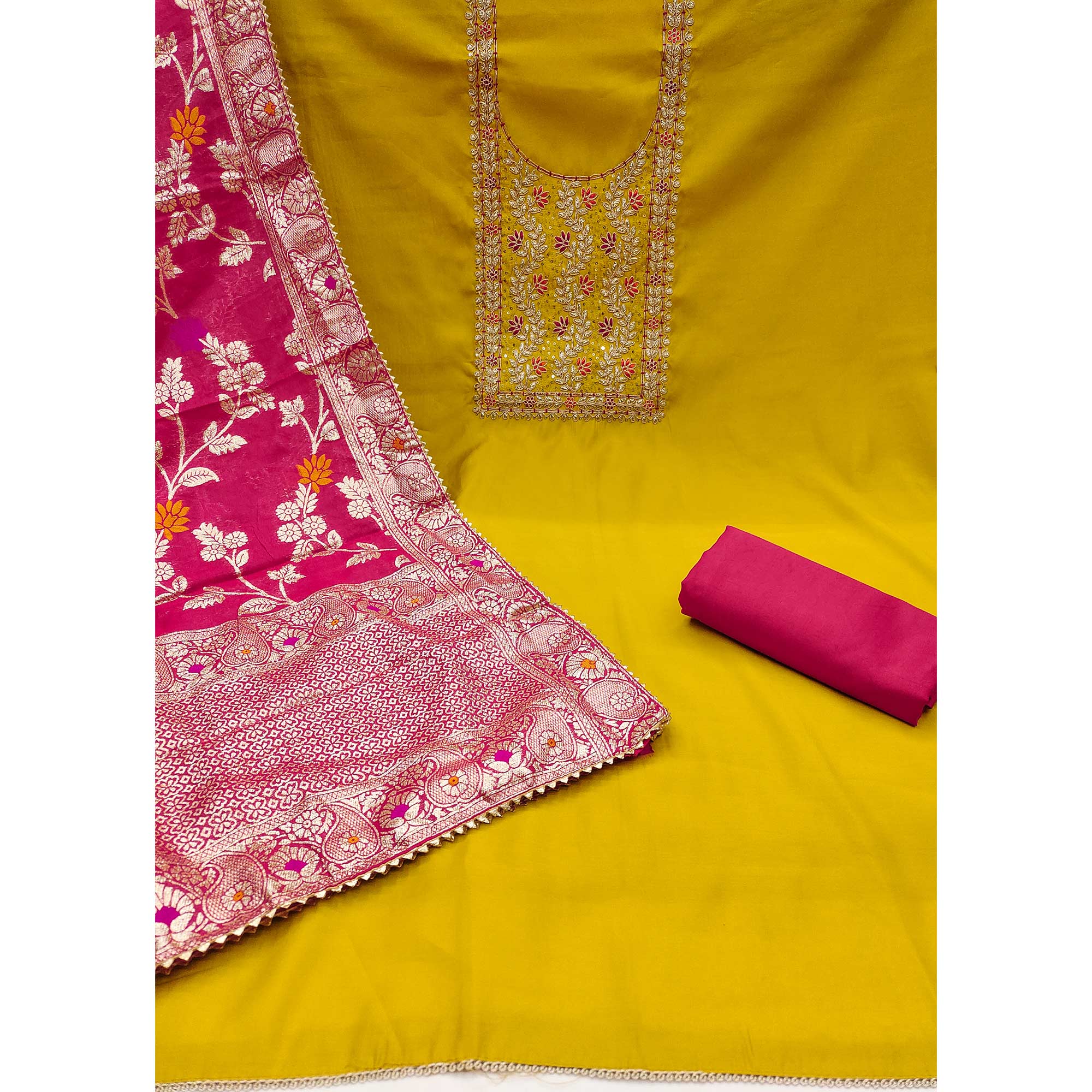 Mustard Floral Sequins Embroidered Cotton Roman Silk Dress Material - Image 3