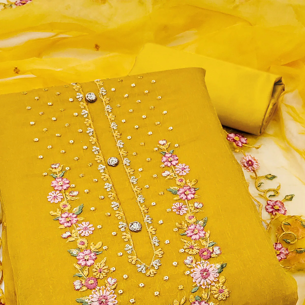 Mustard Floral Sequins Embroidered Viscose Dress Material - Image 2