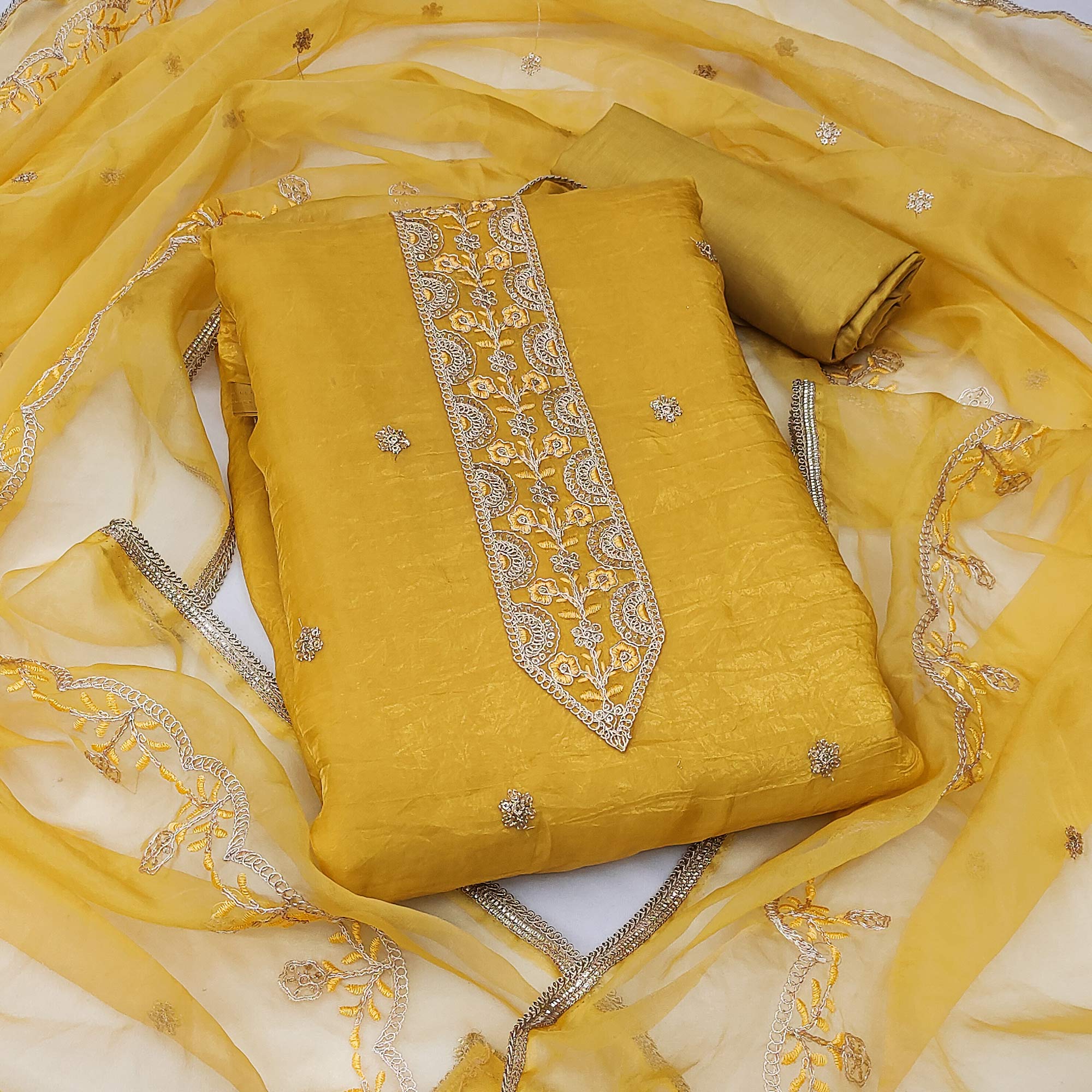 Mustard Floral Sequins Embroidered Viscose Golden Crush Dress Material - Image 3