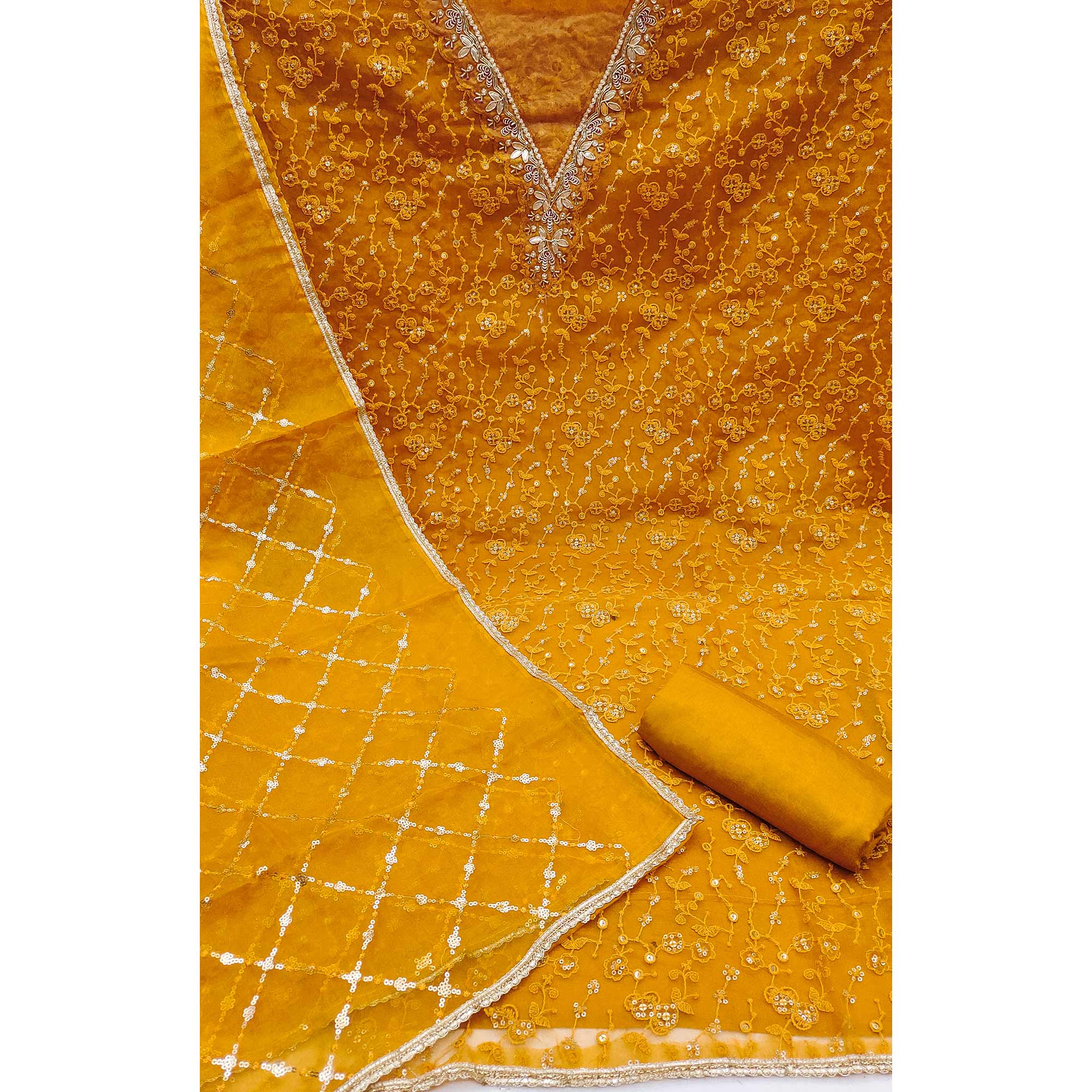 Mustard Floral Sequins Embroidery With Handwork Organza Dress Material - Image 4