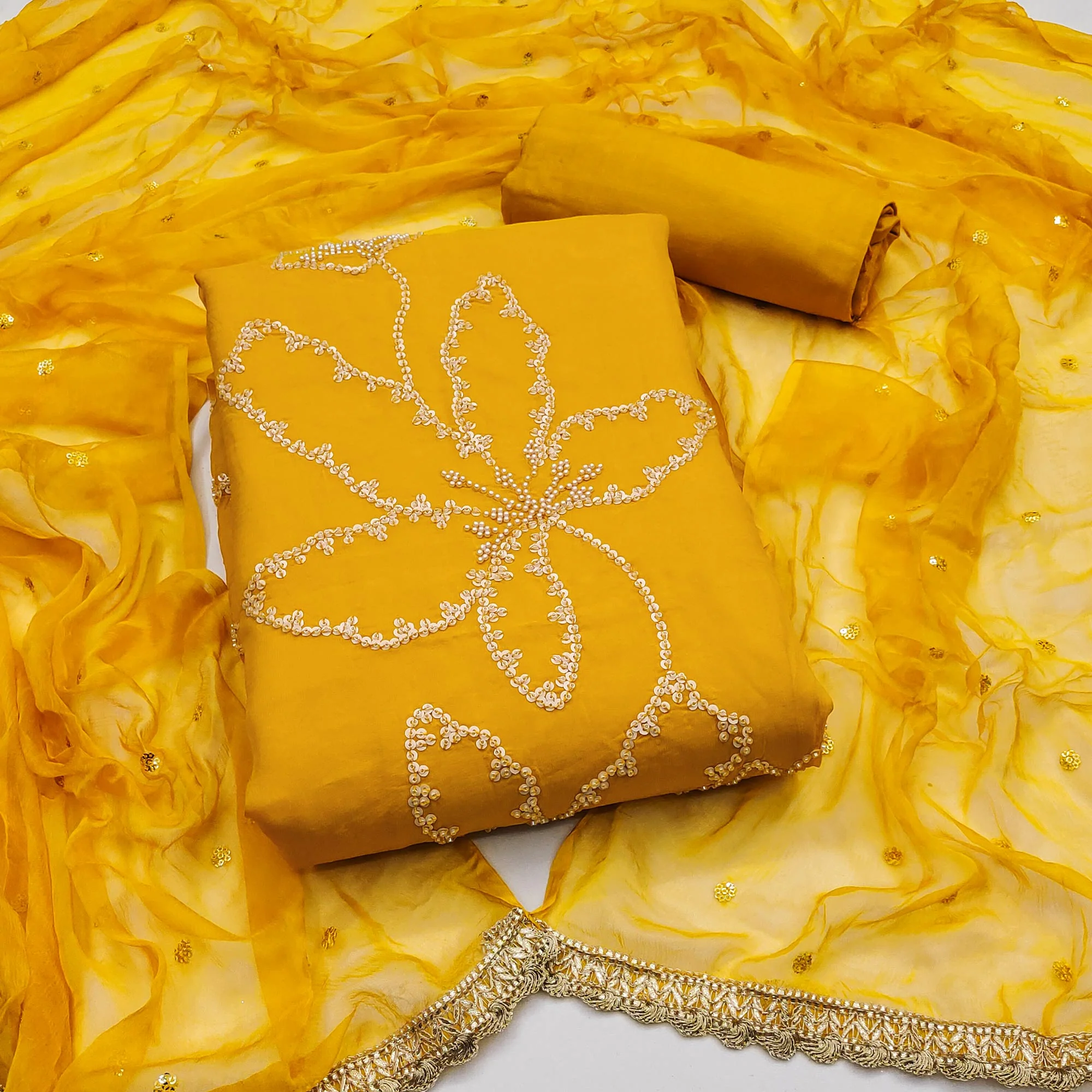 Mustard Floral Sequins With Moti Handwork Muslin Dress Material