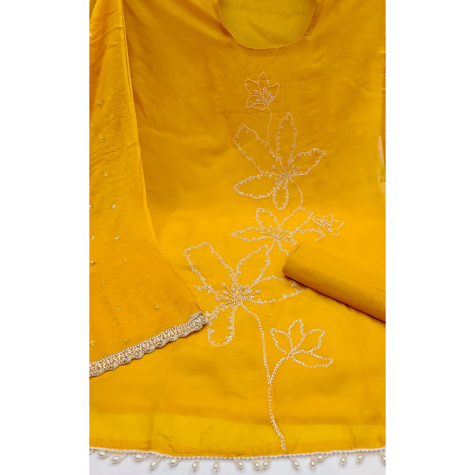 Mustard Floral Sequins With Moti Handwork Muslin Dress Material - Image 3