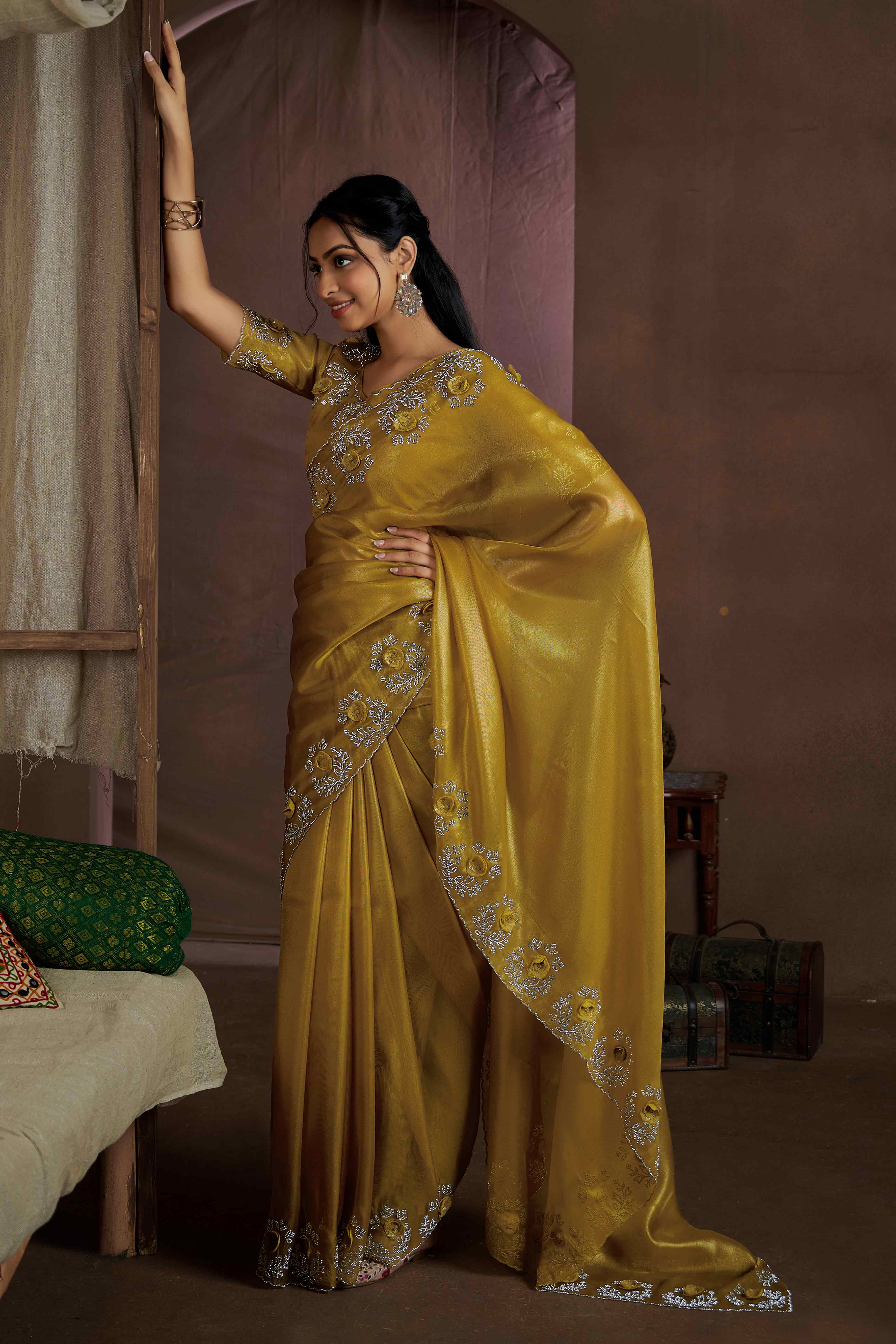 Mustard Floral Sequins With Zarkan Work Organza Saree - Image 3