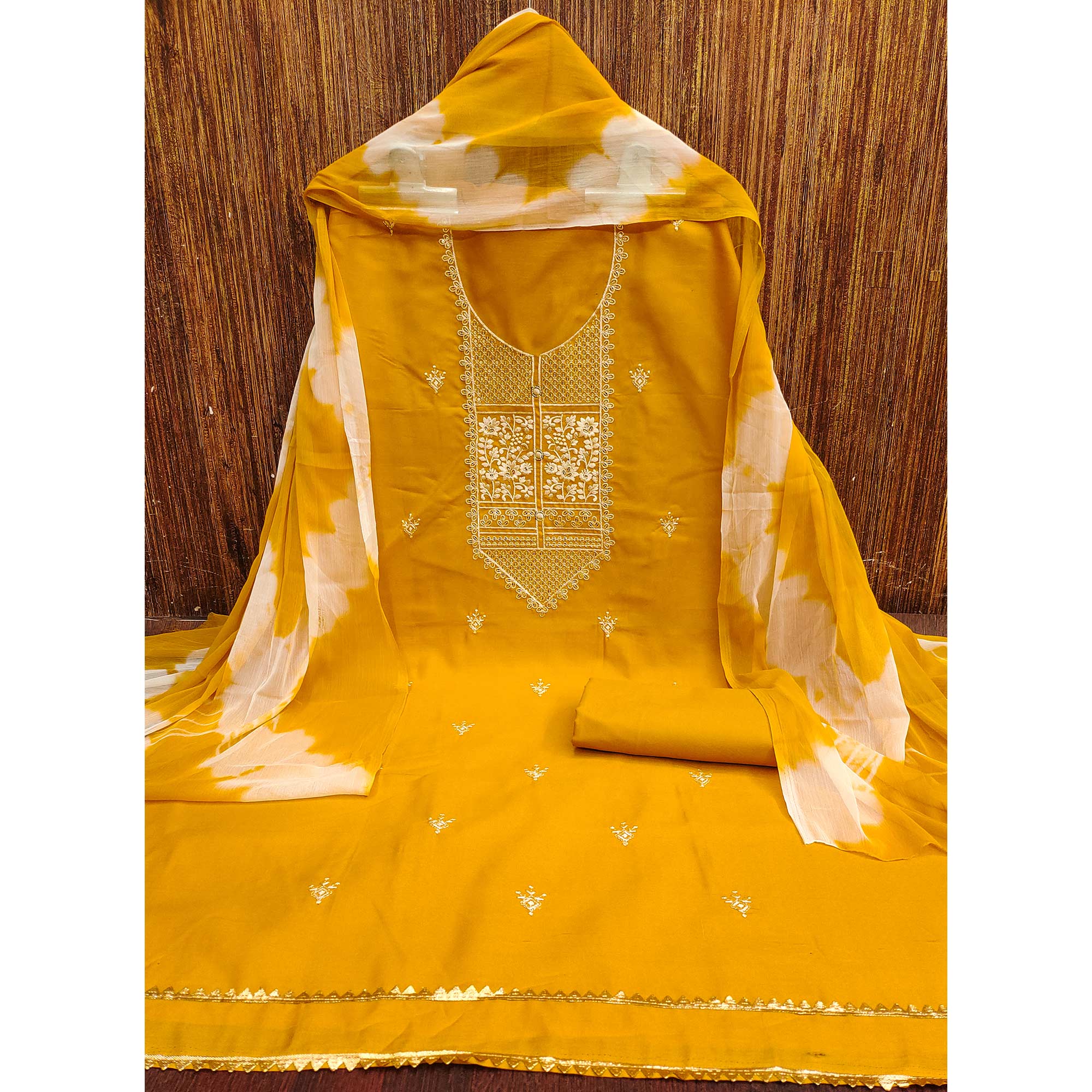 Mustard Floral Thread Embroidered Cotton Blend Dress Material With Sequins Work - Image 3