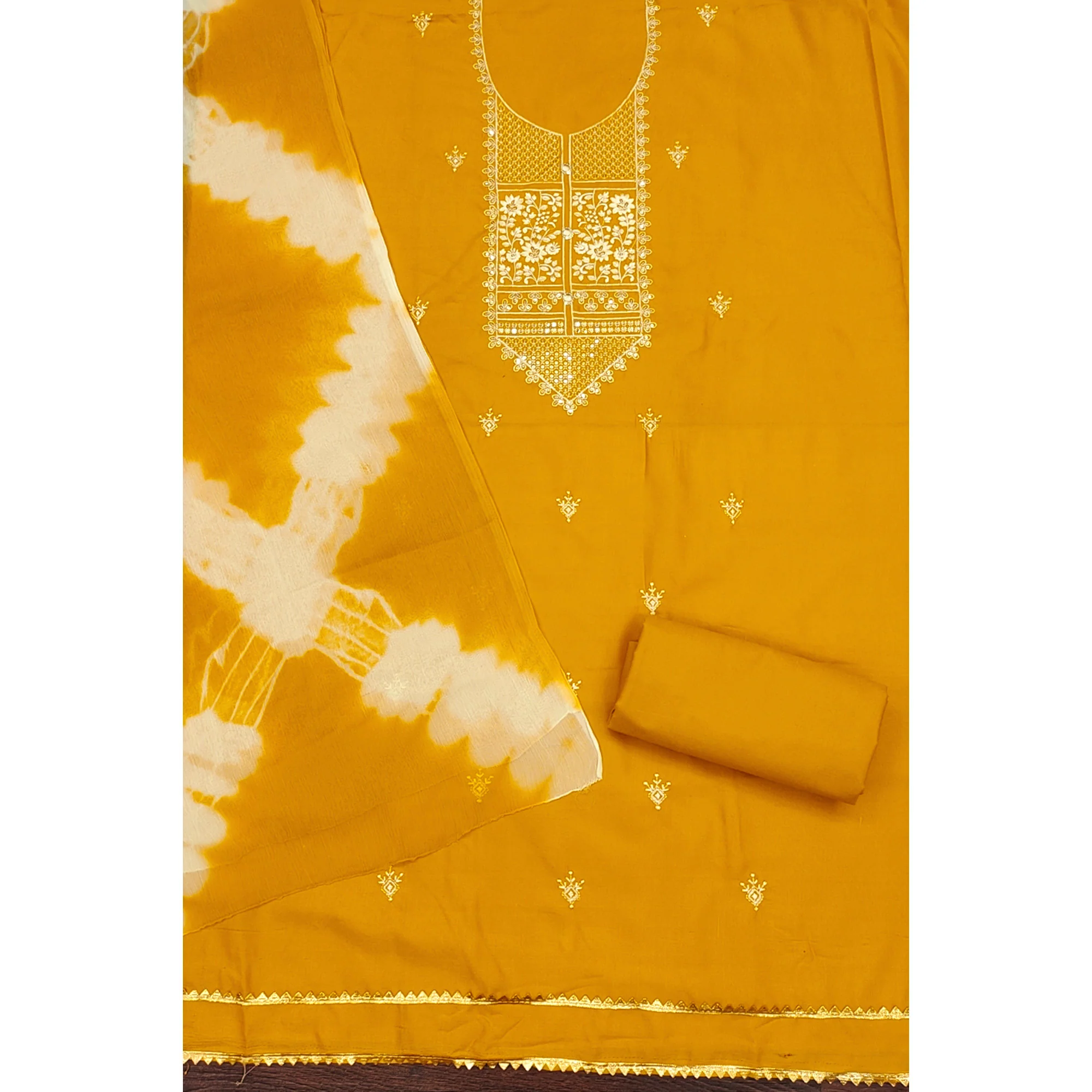 Mustard Floral Thread Embroidered Cotton Blend Dress Material With Sequins Work - Image 4