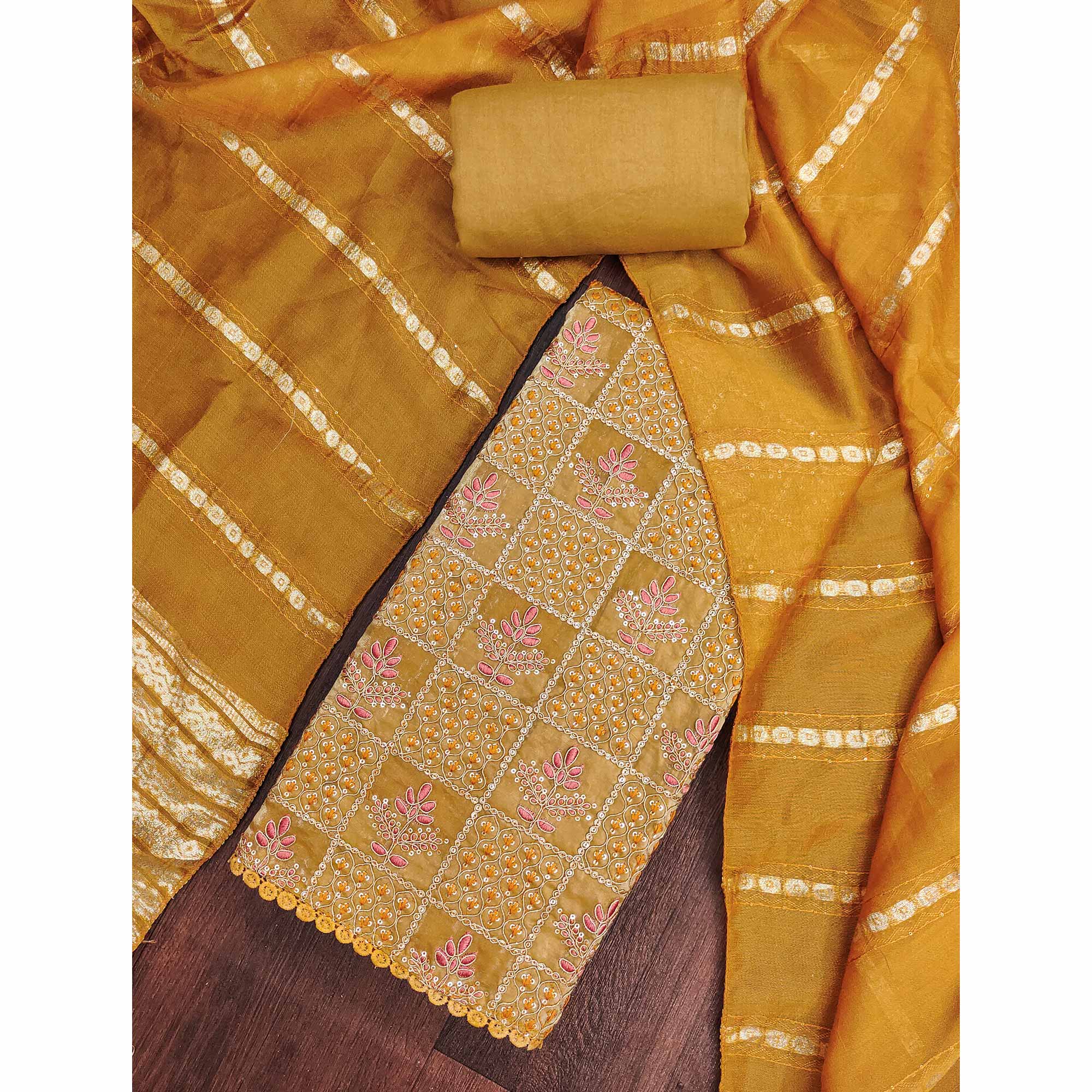 Mustard Floral Thread Embroidered Viscose Dress Material With Sequins For Sophisticated Style - Image 3