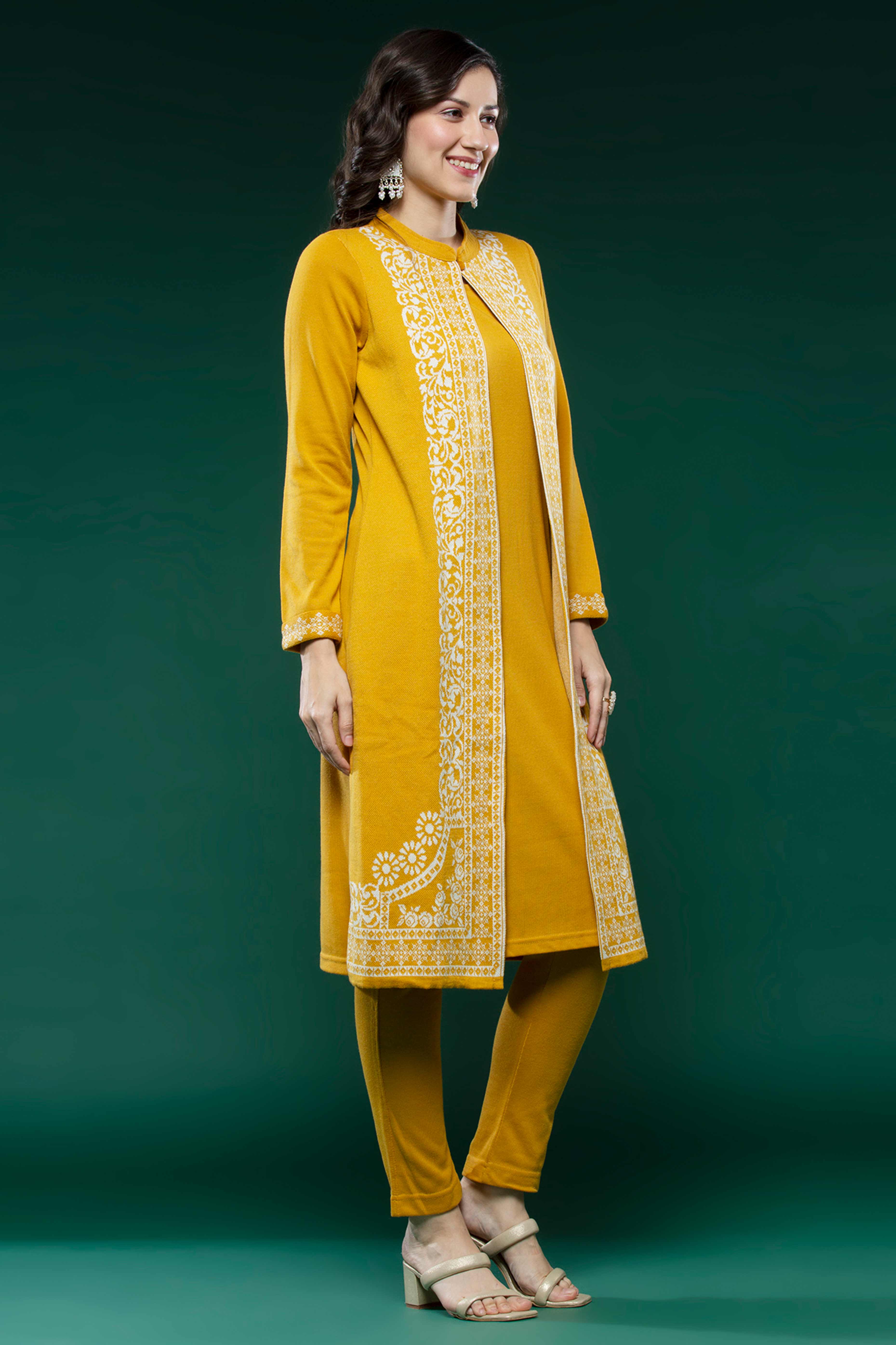 Mustard Floral Woolen Top Bottom Set - Image 5