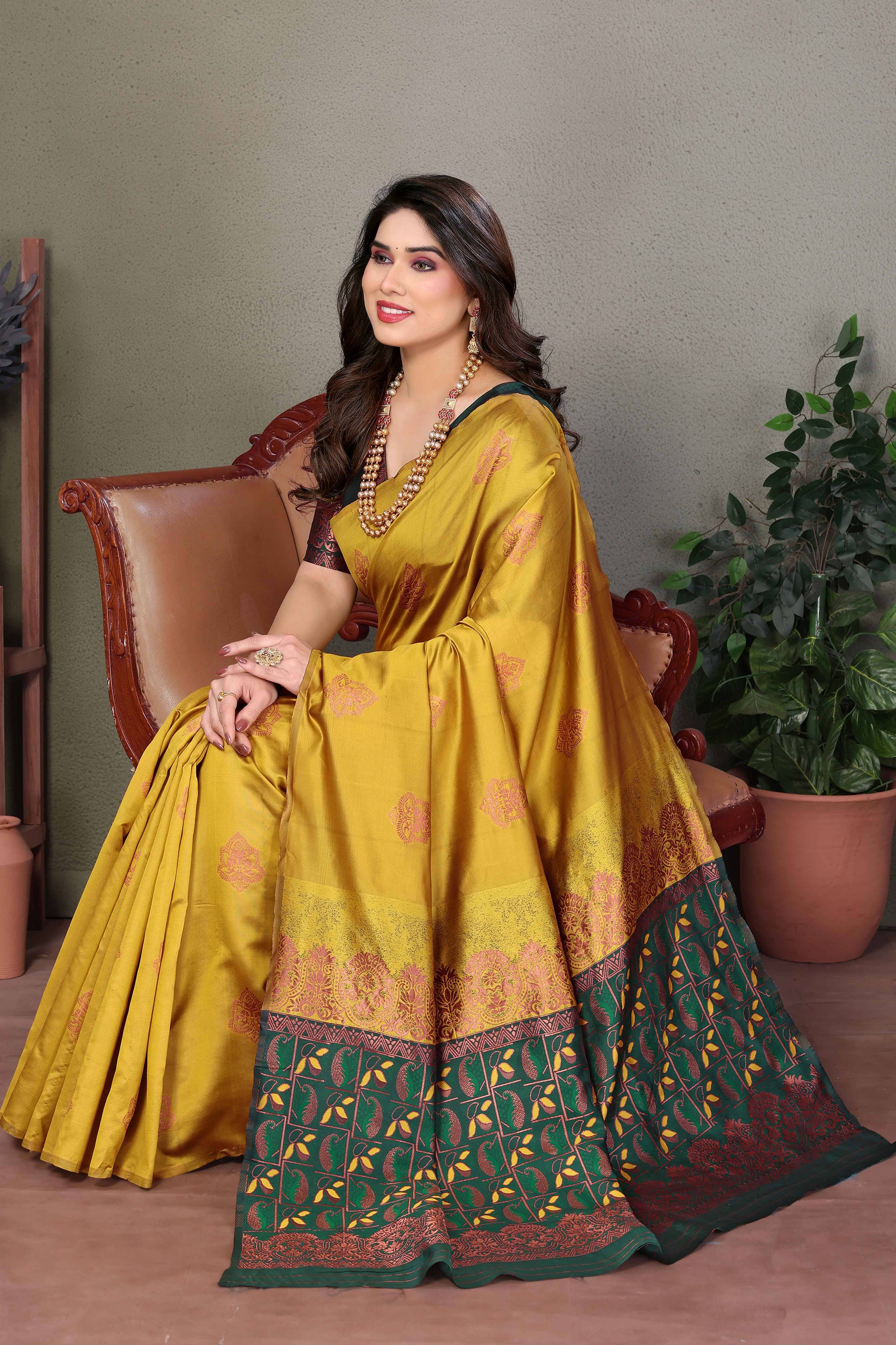Mustard Floral Woven Banarasi Silk Saree - Image 3