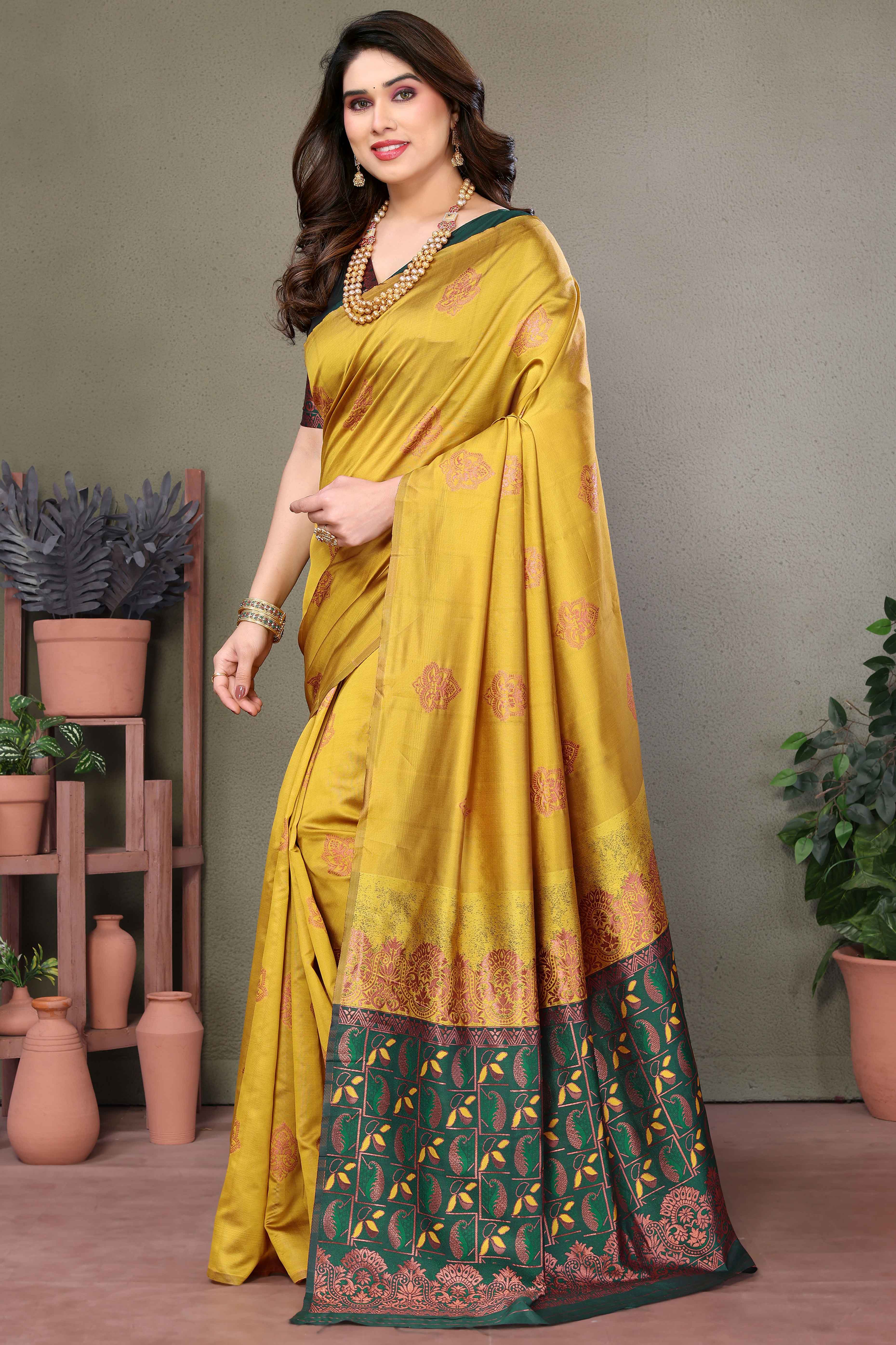 Mustard Floral Woven Banarasi Silk Saree - Image 4