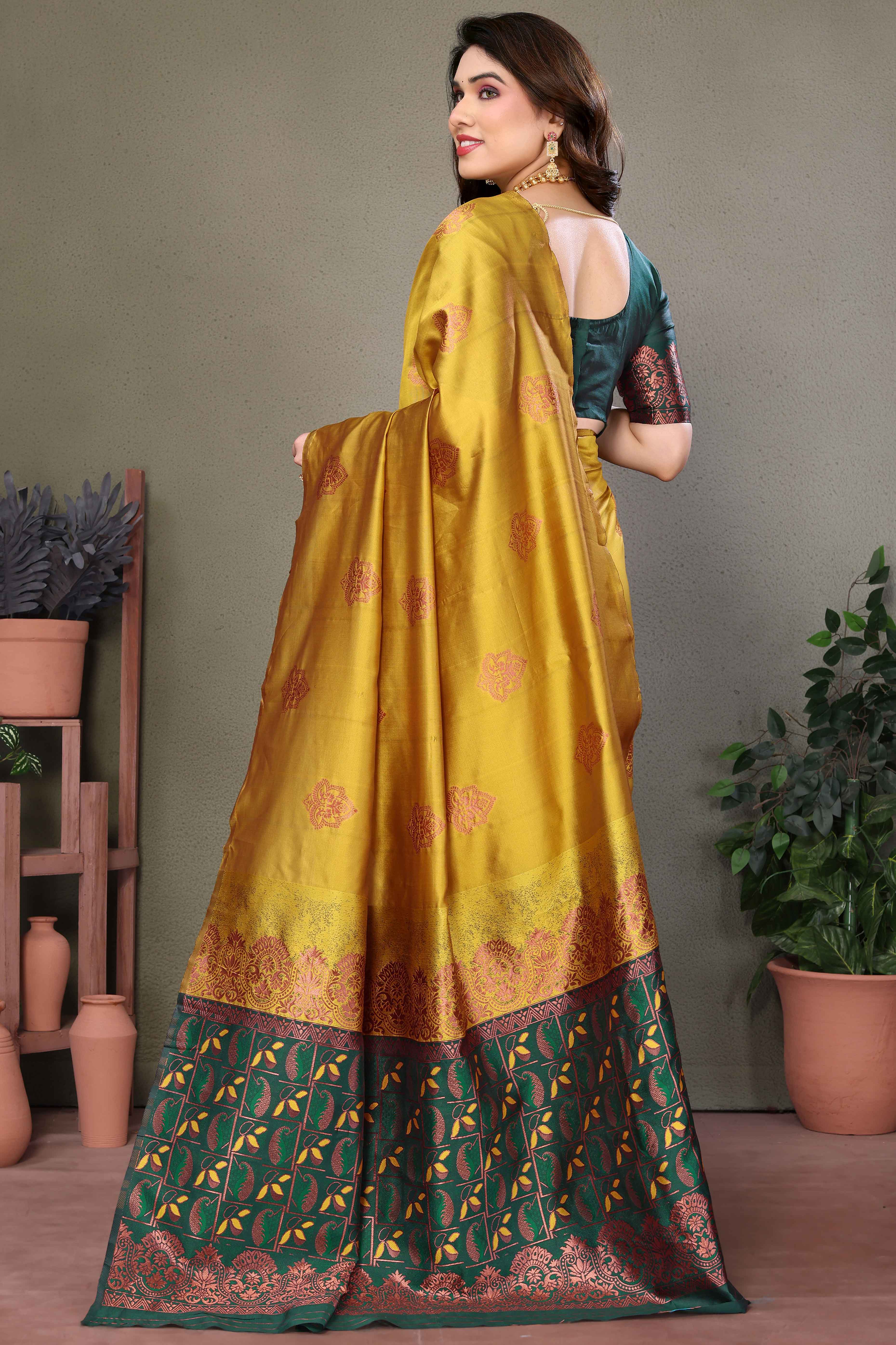 Mustard Floral Woven Banarasi Silk Saree - Image 5