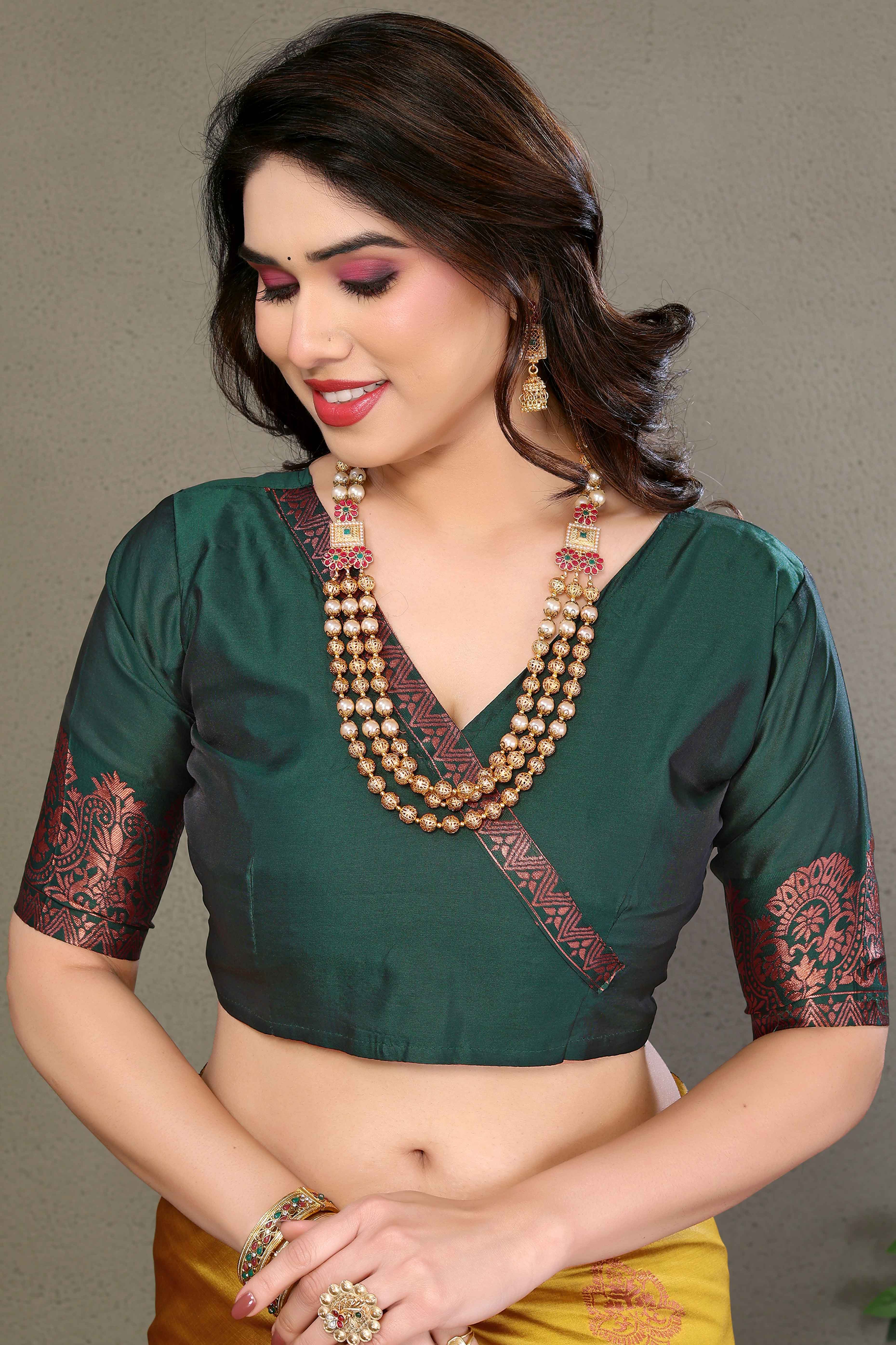 Mustard Floral Woven Banarasi Silk Saree - Image 7
