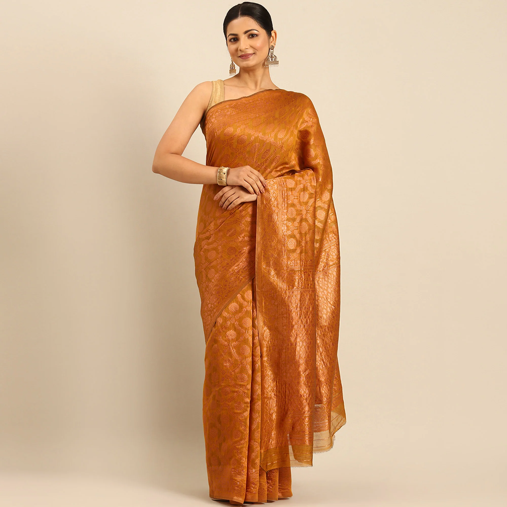 Mustard Floral Woven Cotton Silk Saree - Image 2