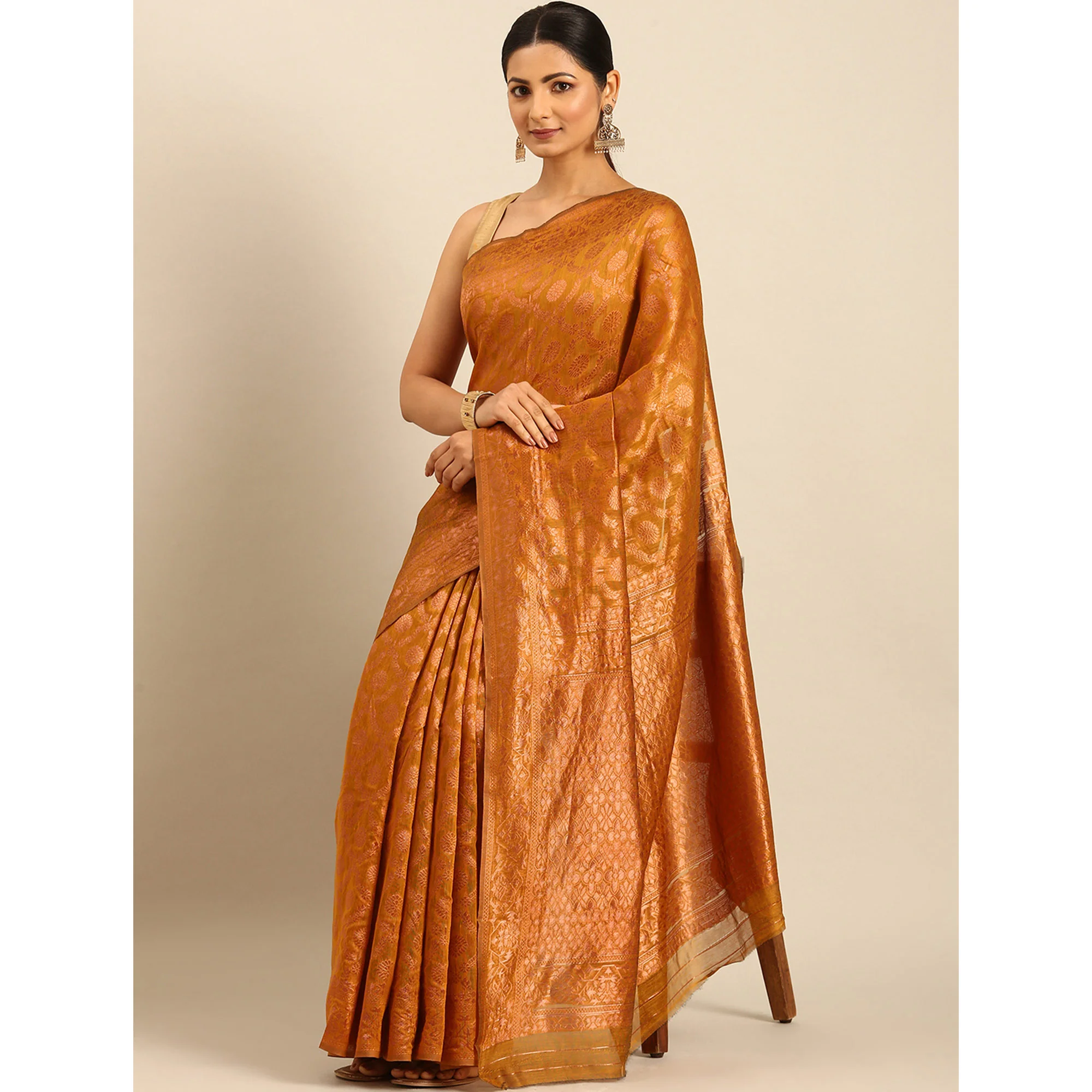 Mustard Floral Woven Cotton Silk Saree - Image 4